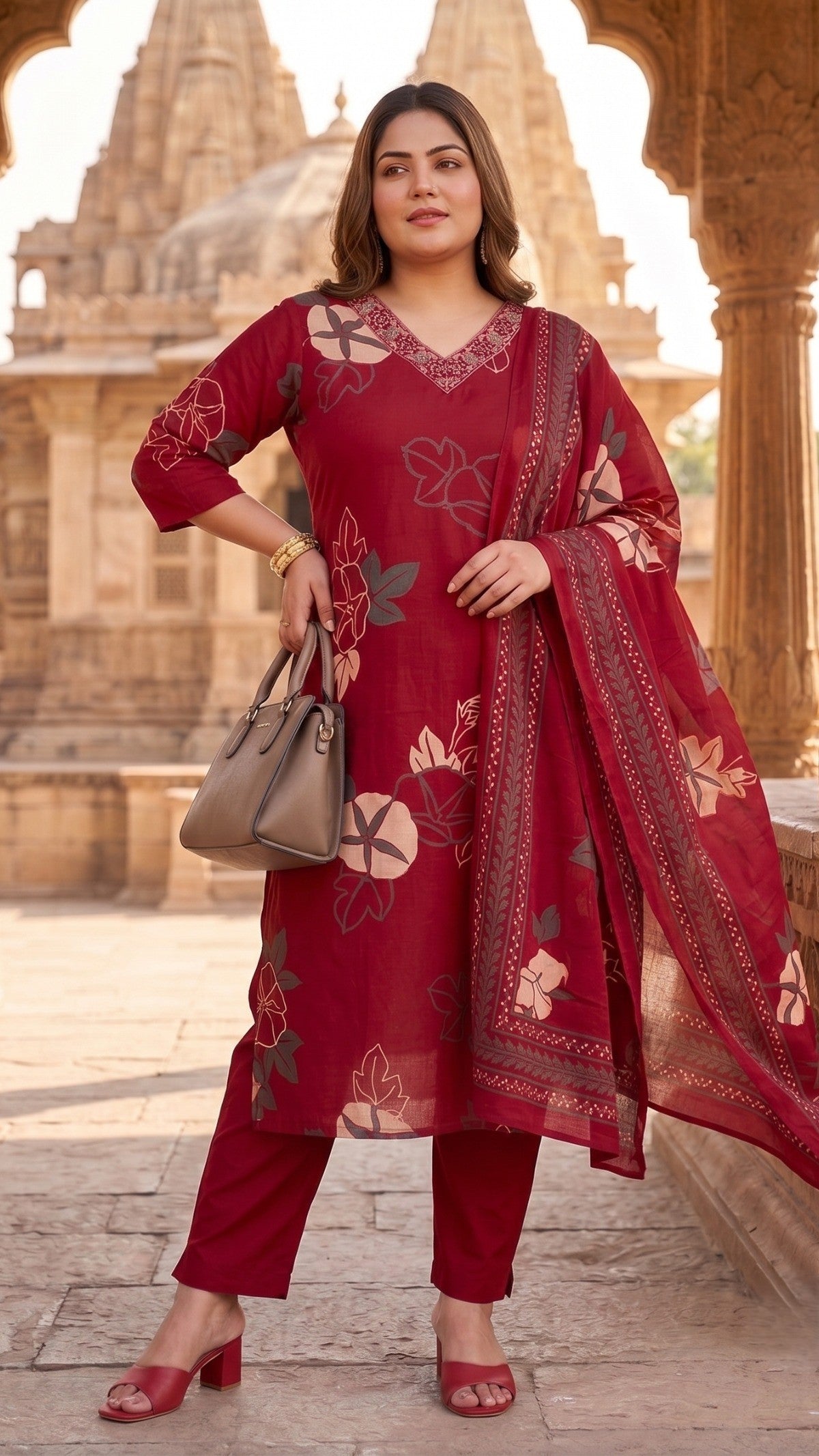 Plus Size Maroon Floral Print Cotton Kurta Set with Dupatta