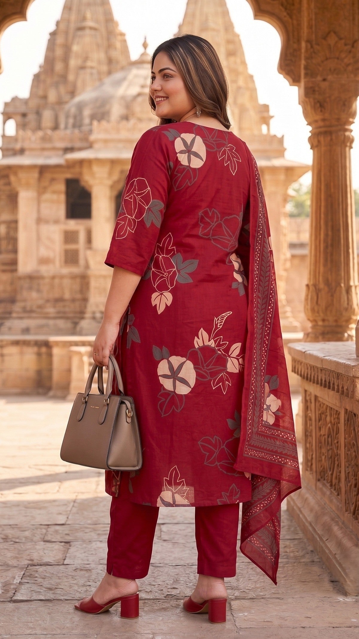 Plus Size Maroon Floral Print Cotton Kurta Set with Dupatta