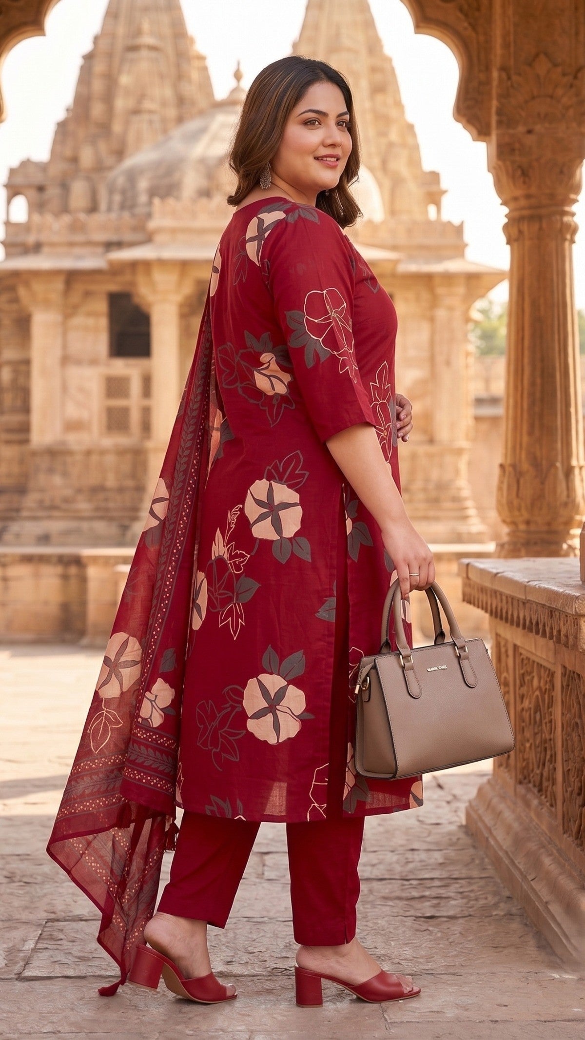 Plus Size Maroon Floral Print Cotton Kurta Set with Dupatta