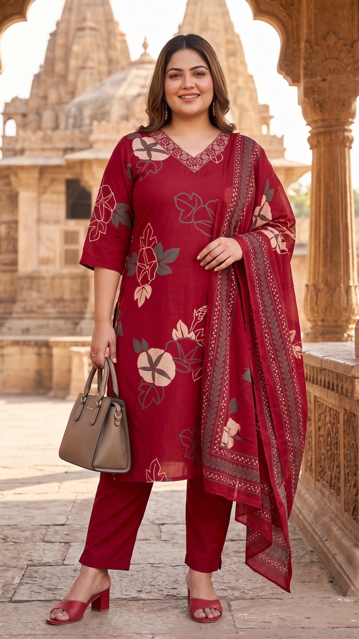 Plus Size Maroon Floral Print Cotton Kurta Set with Dupatta