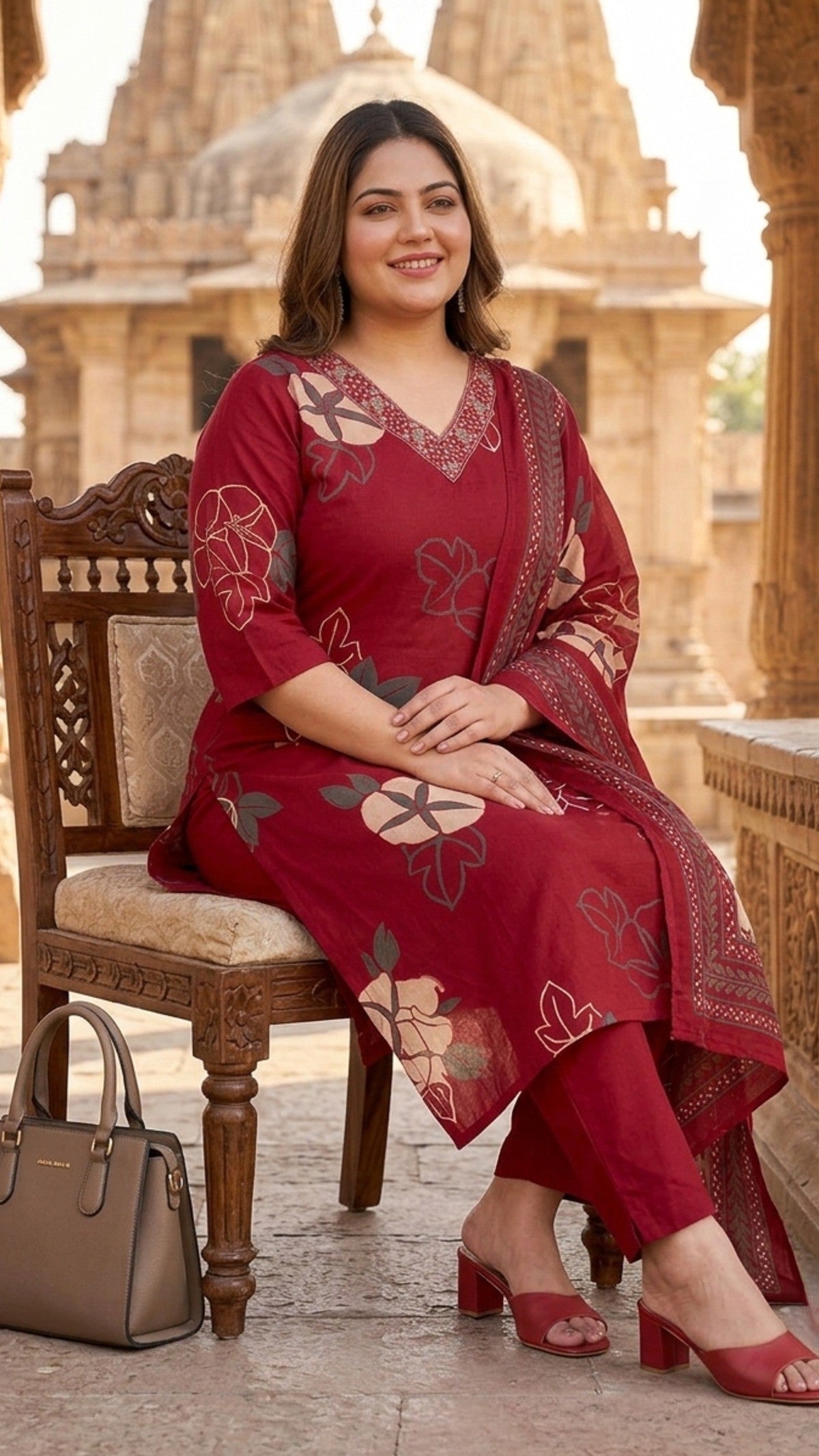 Plus Size Maroon Floral Print Cotton Kurta Set with Dupatta