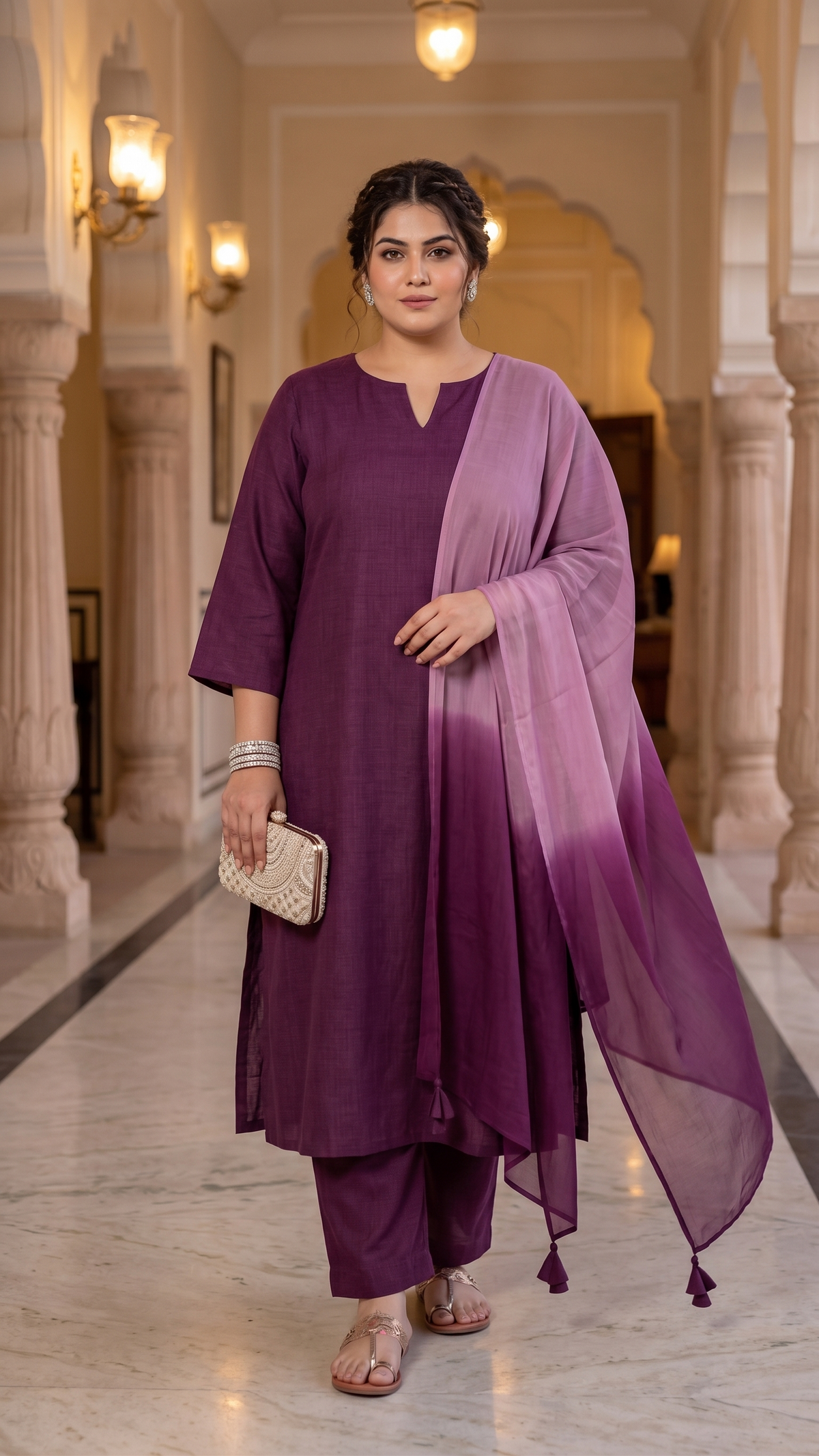 Plus Size Rayon Dupatta Set – Wine Kurta, Pant & Organza Dupatta
