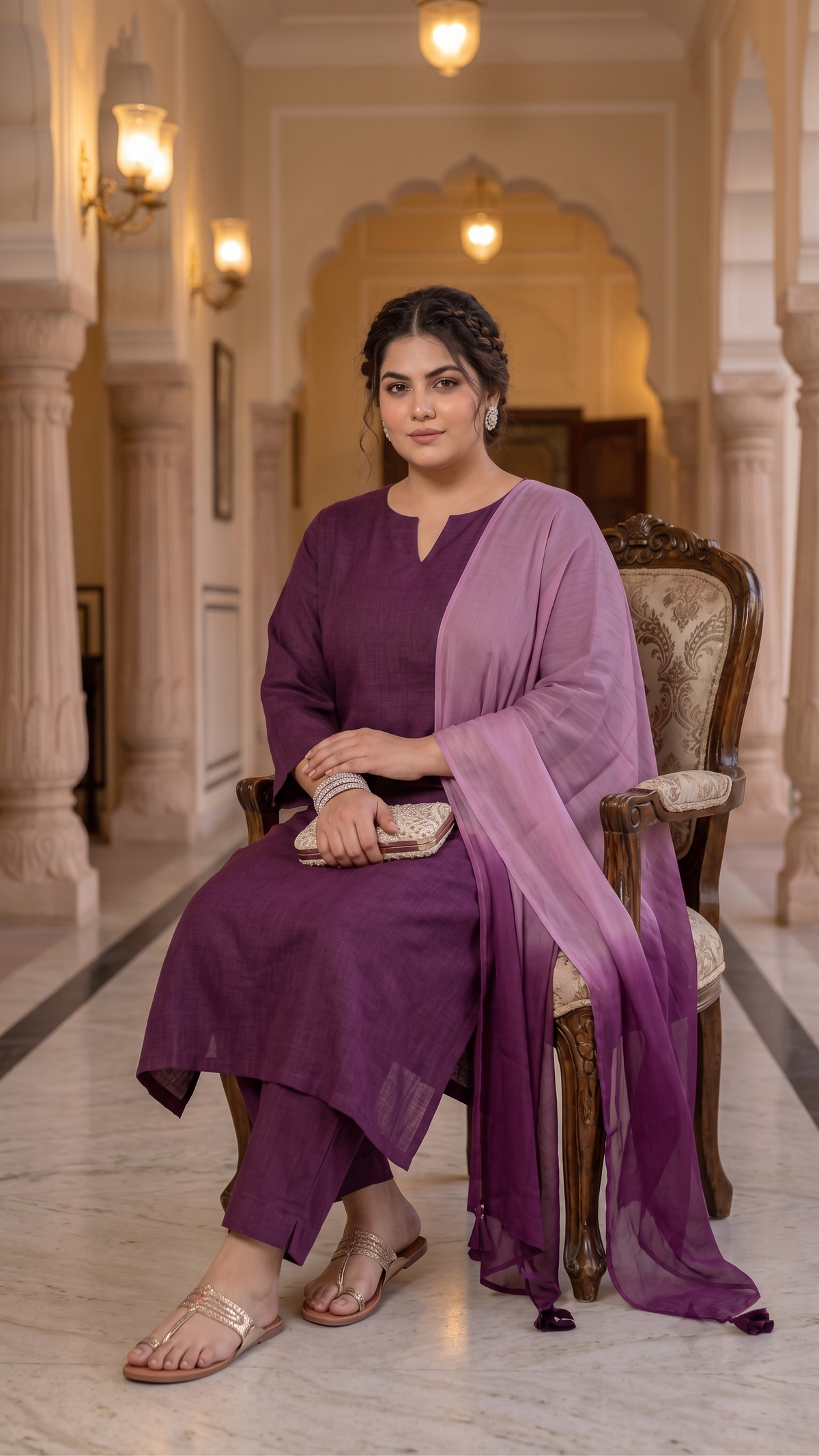 Plus Size Rayon Dupatta Set – Wine Kurta, Pant & Organza Dupatta