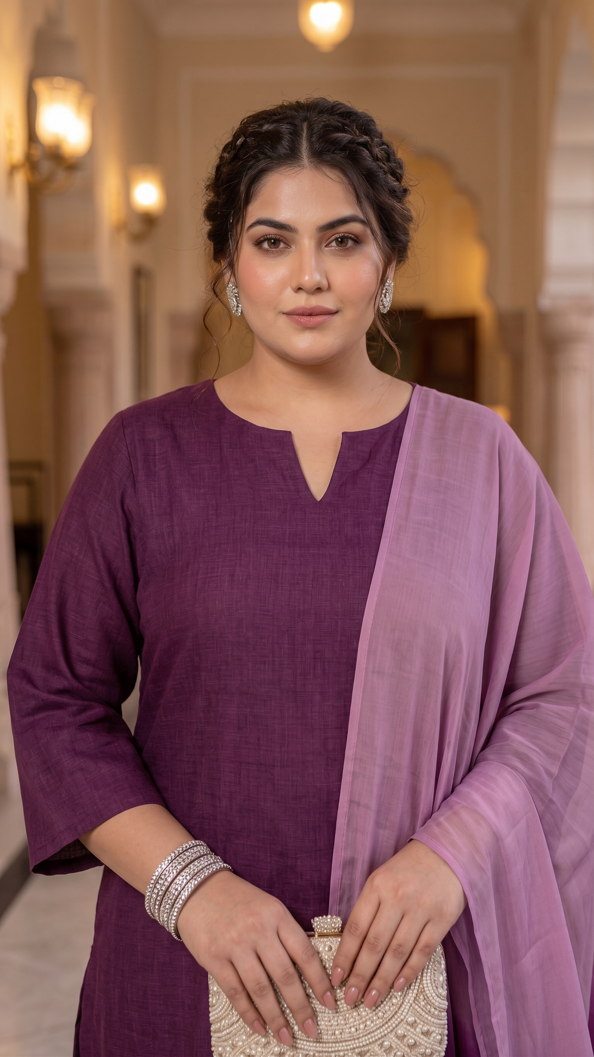 Plus Size Rayon Dupatta Set – Wine Kurta, Pant & Organza Dupatta