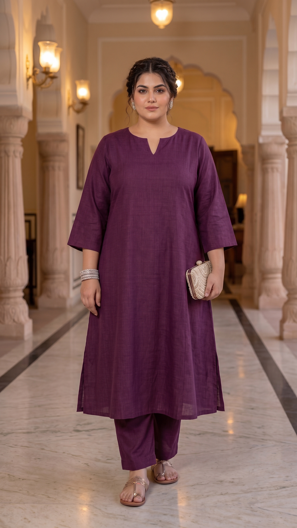 Plus Size Rayon Dupatta Set – Wine Kurta, Pant & Organza Dupatta