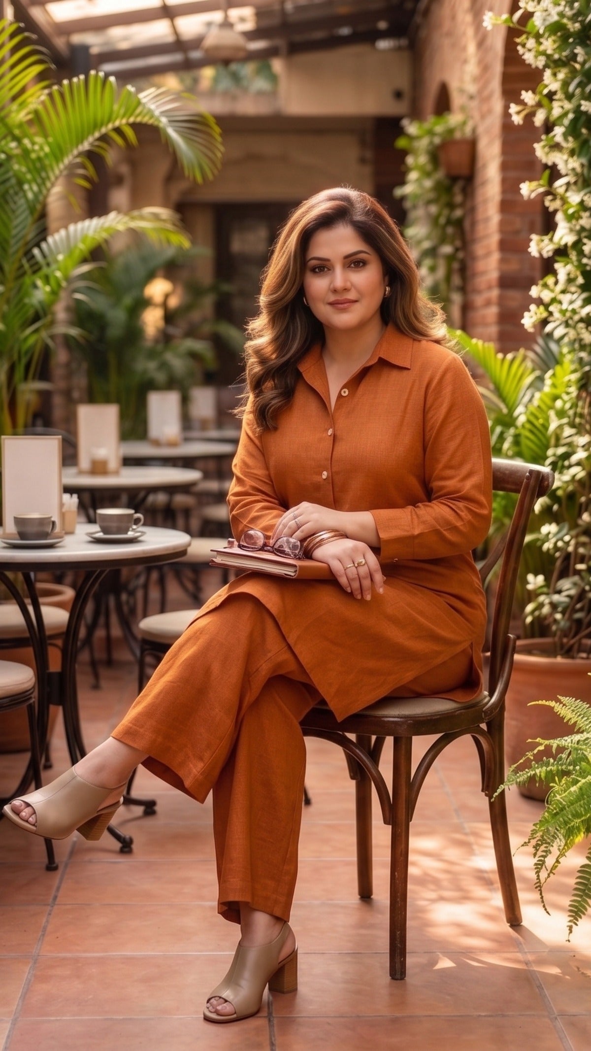 Plus Size Rust Cotton Co-ord Set for Women | Solid Button-Down Kurta with Wide-Leg Pants