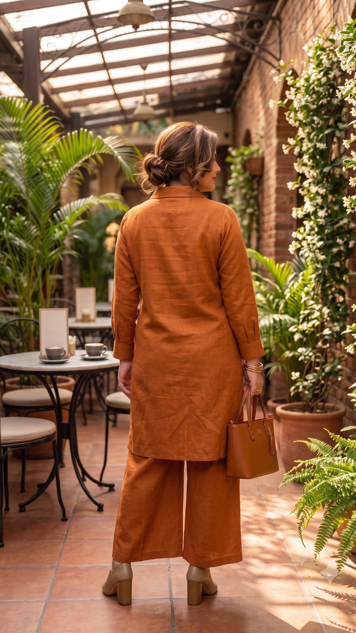 Plus Size Rust Cotton Co-ord Set for Women | Solid Button-Down Kurta with Wide-Leg Pants