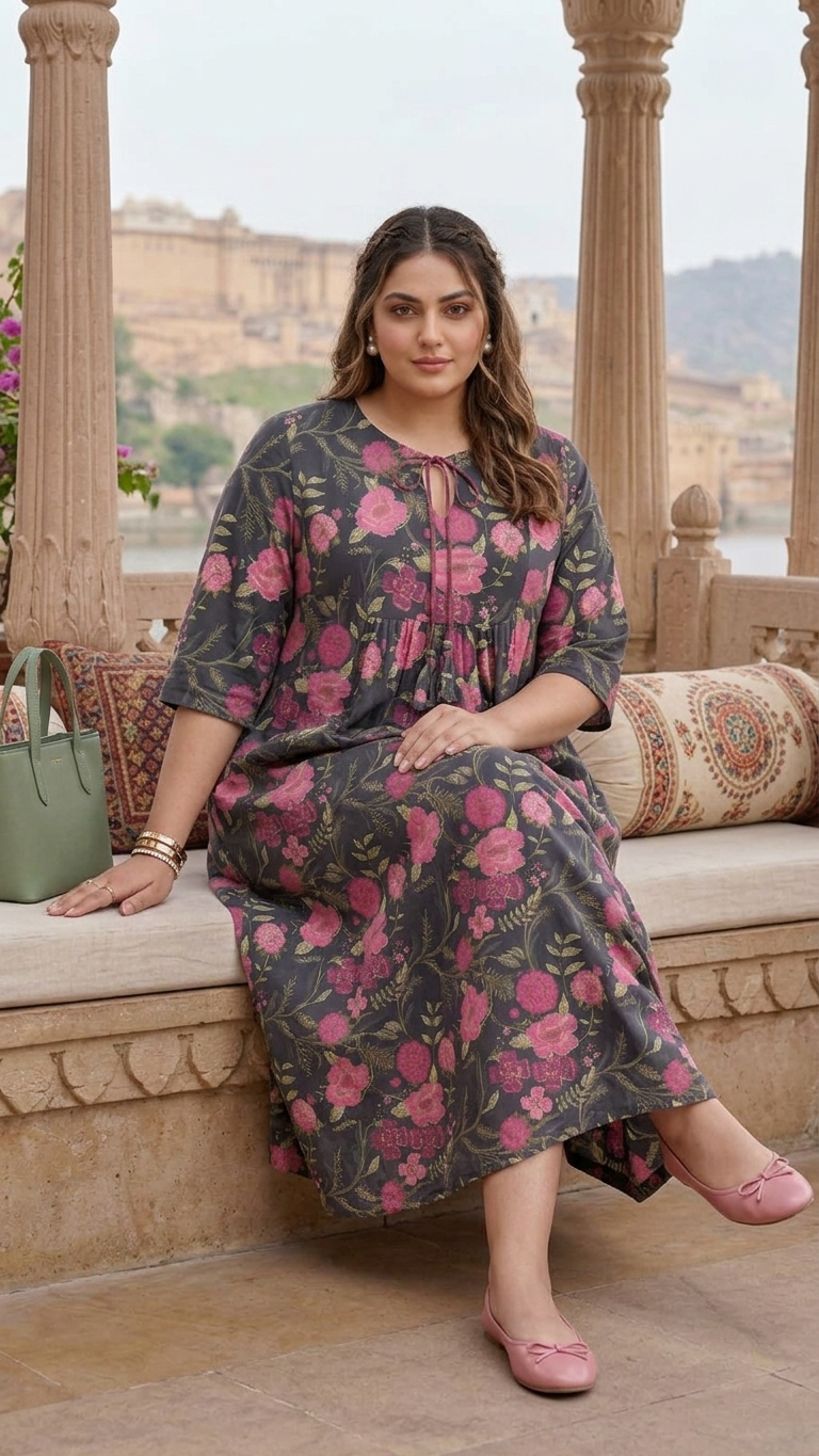 Plus Size Charcoal Floral Printed Cotton Dress for Women | Tie-Up Neck Tiered Midi Dress