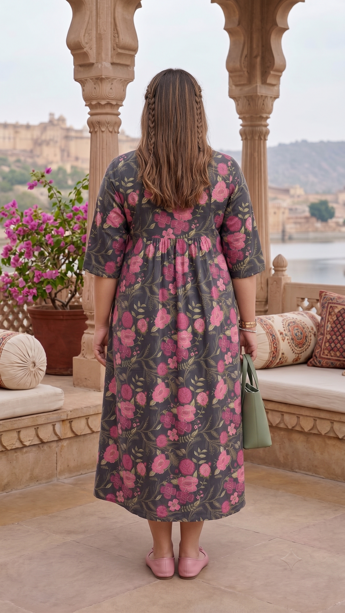 Plus Size Charcoal Floral Printed Cotton Dress for Women | Tie-Up Neck Tiered Midi Dress