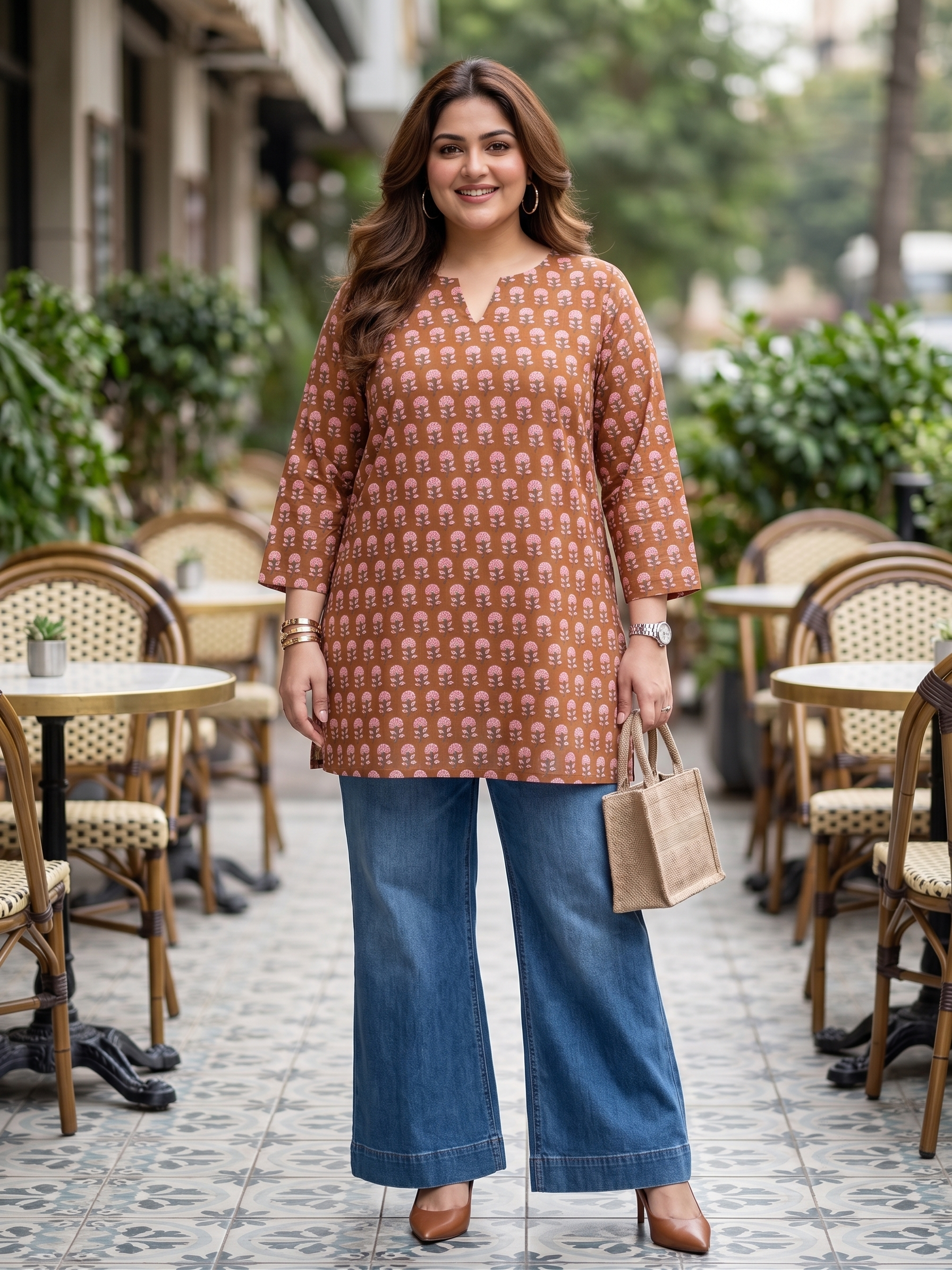 Plus Size Brown Printed Cotton Top for Women | Mandarin Neck Casual Kurti Top