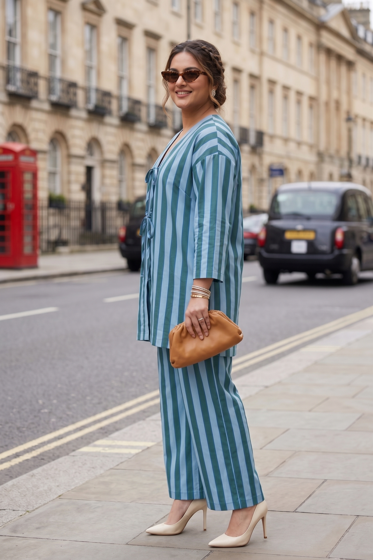 Plus Size 100% Cotton Striped Co-ord Set – Blue & Green Tie-Front Top with Wide-Leg Pants