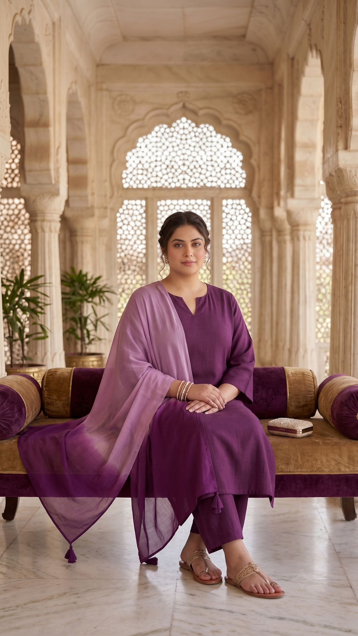 Plus Size Viscose Dupatta Set – Wine Kurta, Pant & Chiffon Dupatta