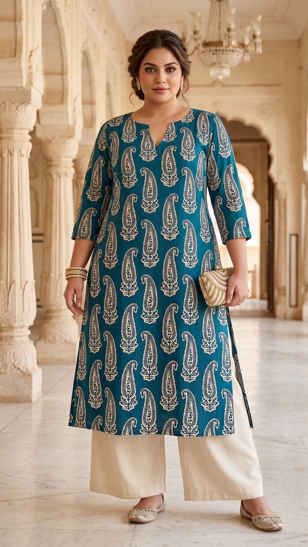 Plus Size 100% Cotton Printed Kurta – Teal Paisley Straight Fit Kurta