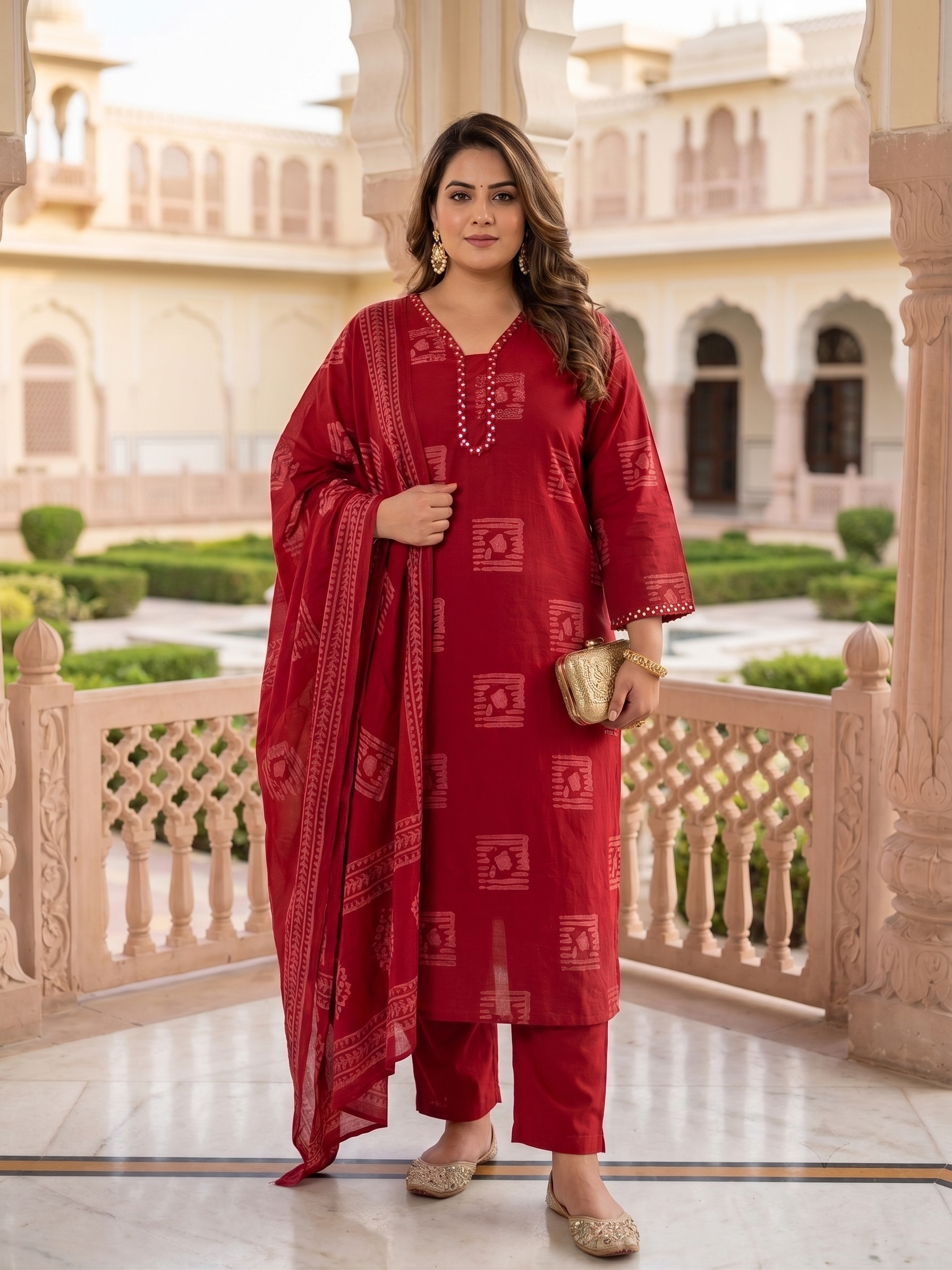 Plus Size Red Printed Cotton Kurta Set with Dupatta