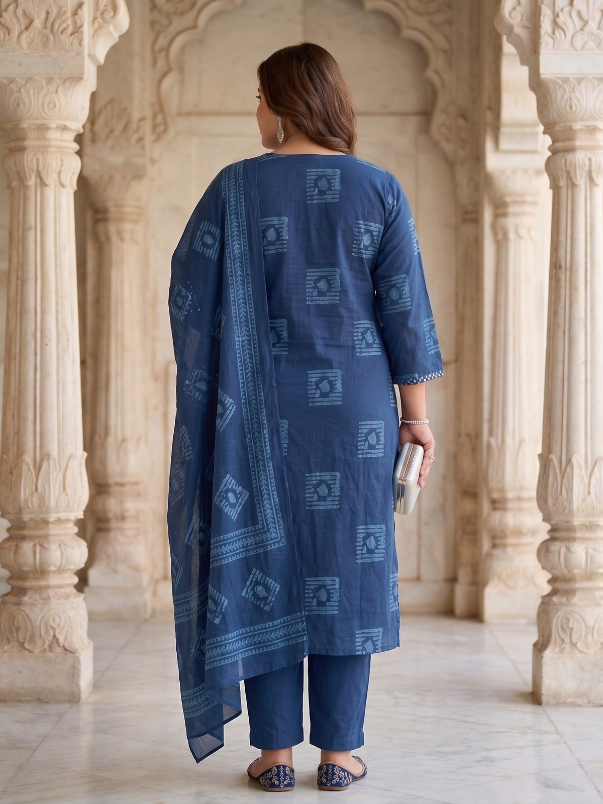 Plus Size Blue Printed Cotton Kurta Set with Dupatta