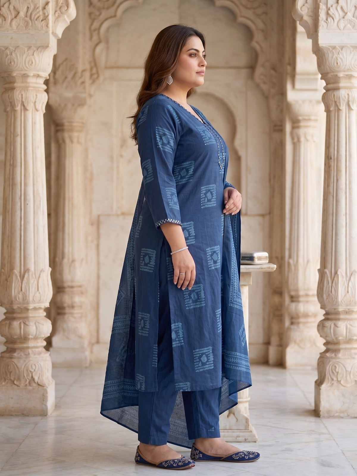 Plus Size Blue Printed Cotton Kurta Set with Dupatta