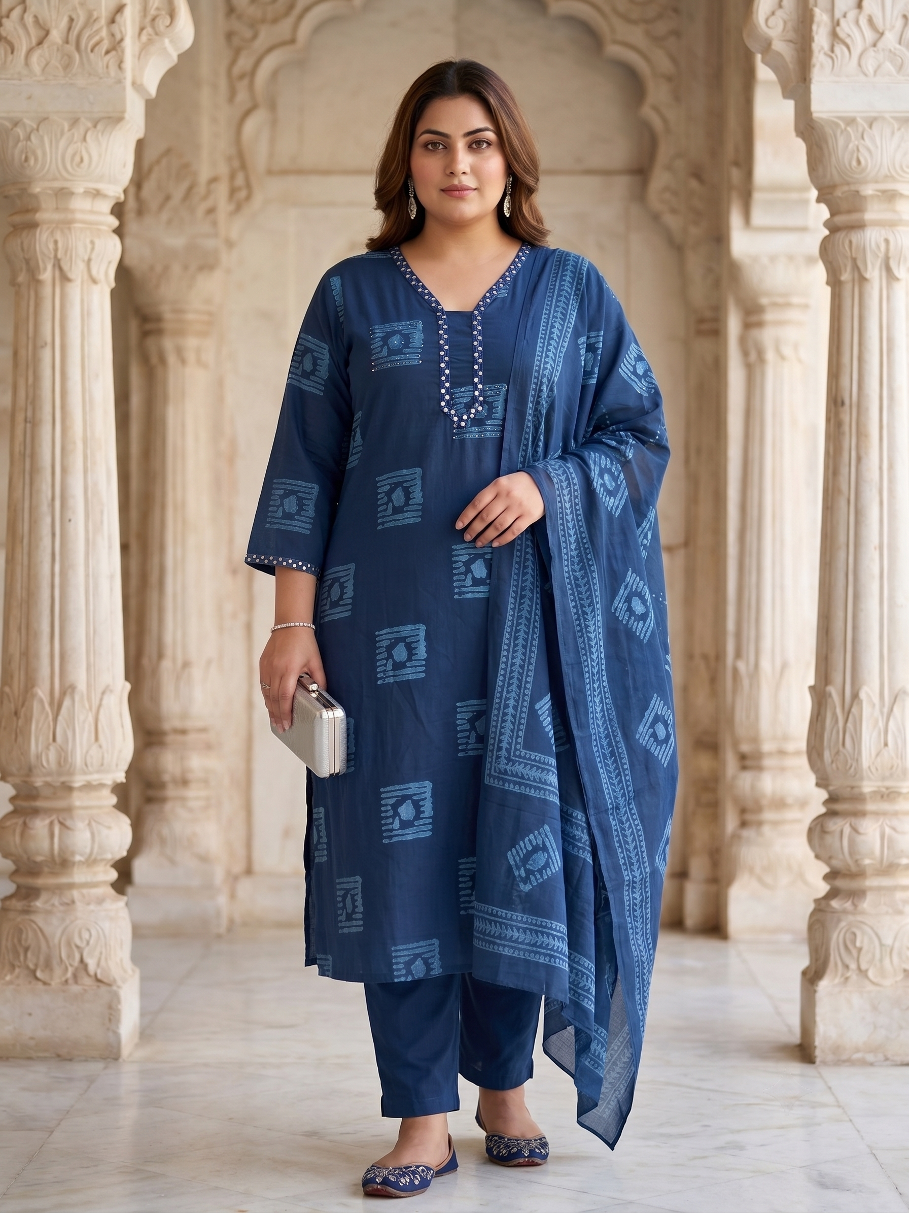 Plus Size Blue Printed Cotton Kurta Set with Dupatta