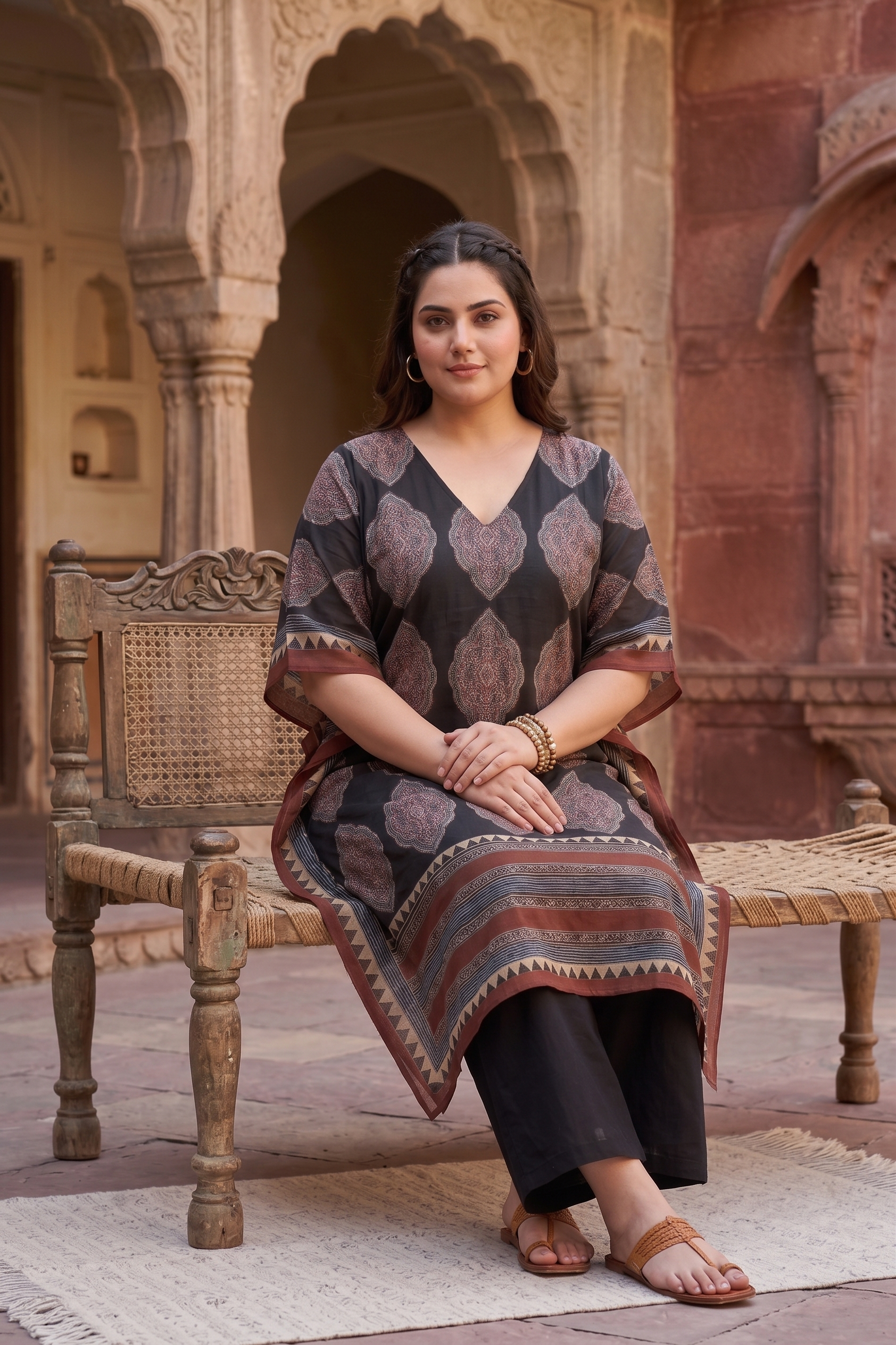 Black Kaftan Cotton Printed Ethnic Co-Ord Set For Women