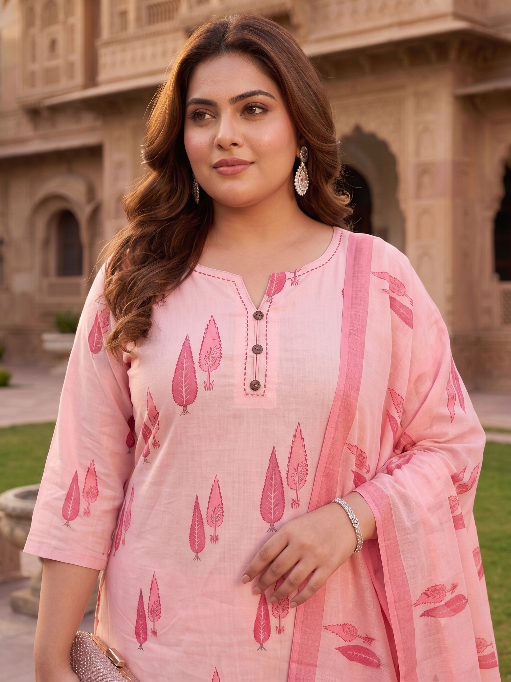 Plus Size Pink Cotton Printed Kurta Set with Dupatta