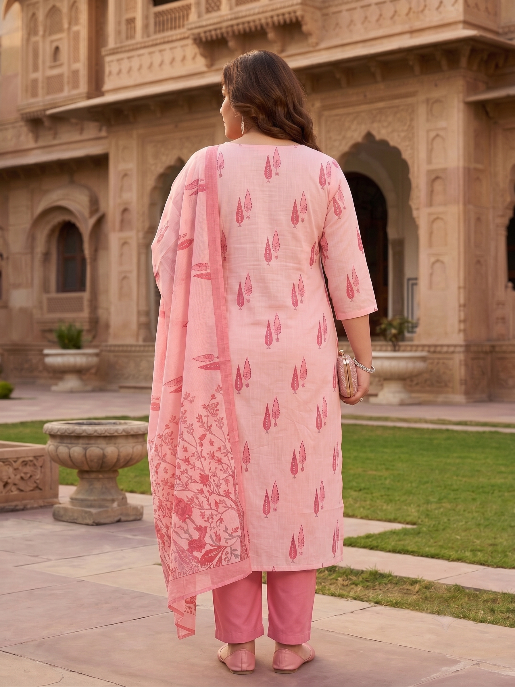Plus Size Pink Cotton Printed Kurta Set with Dupatta