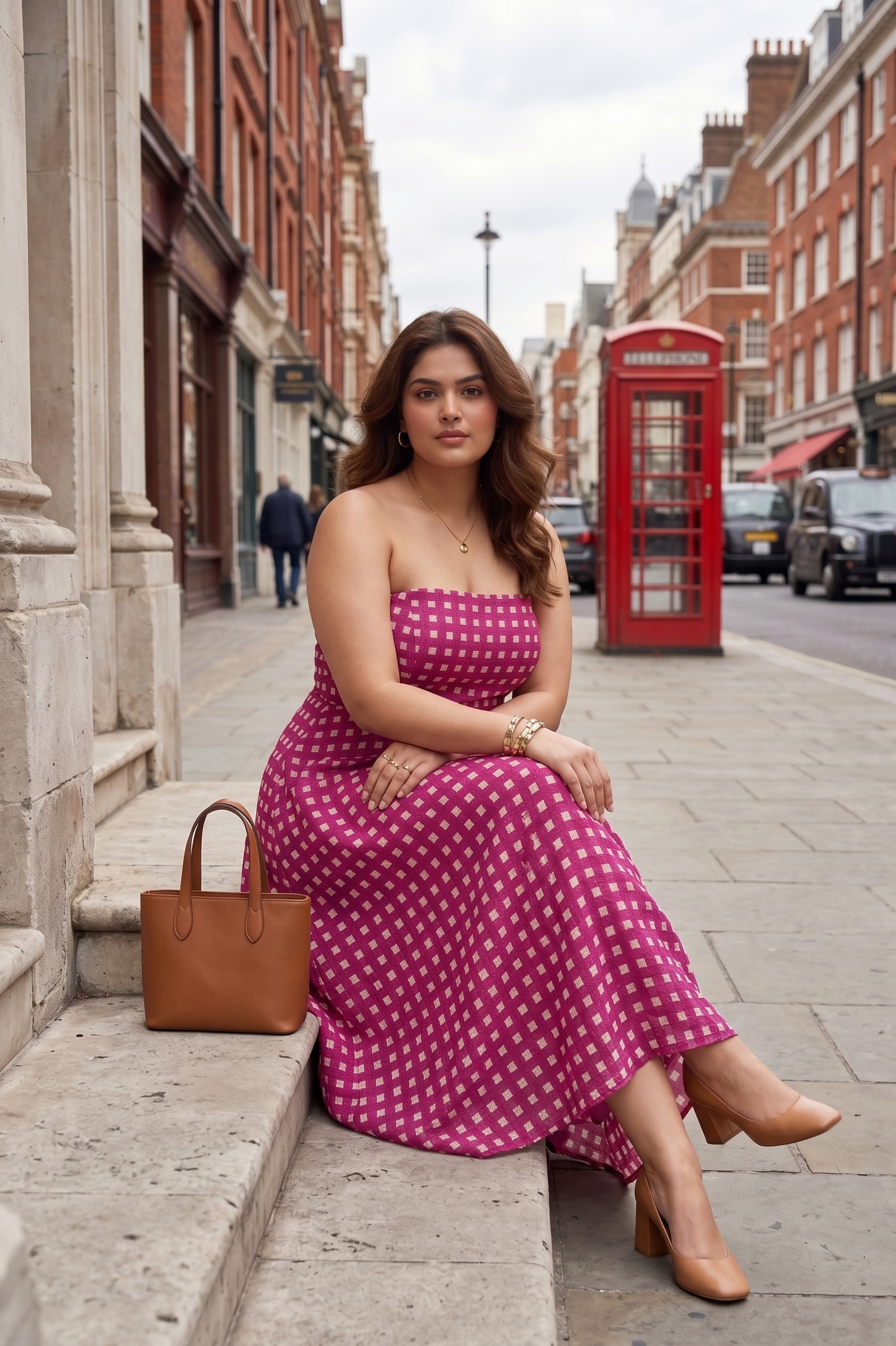 Plus Size Pink Checked Off-Shoulder Dress – Elegant Flared Midi Dress for Women