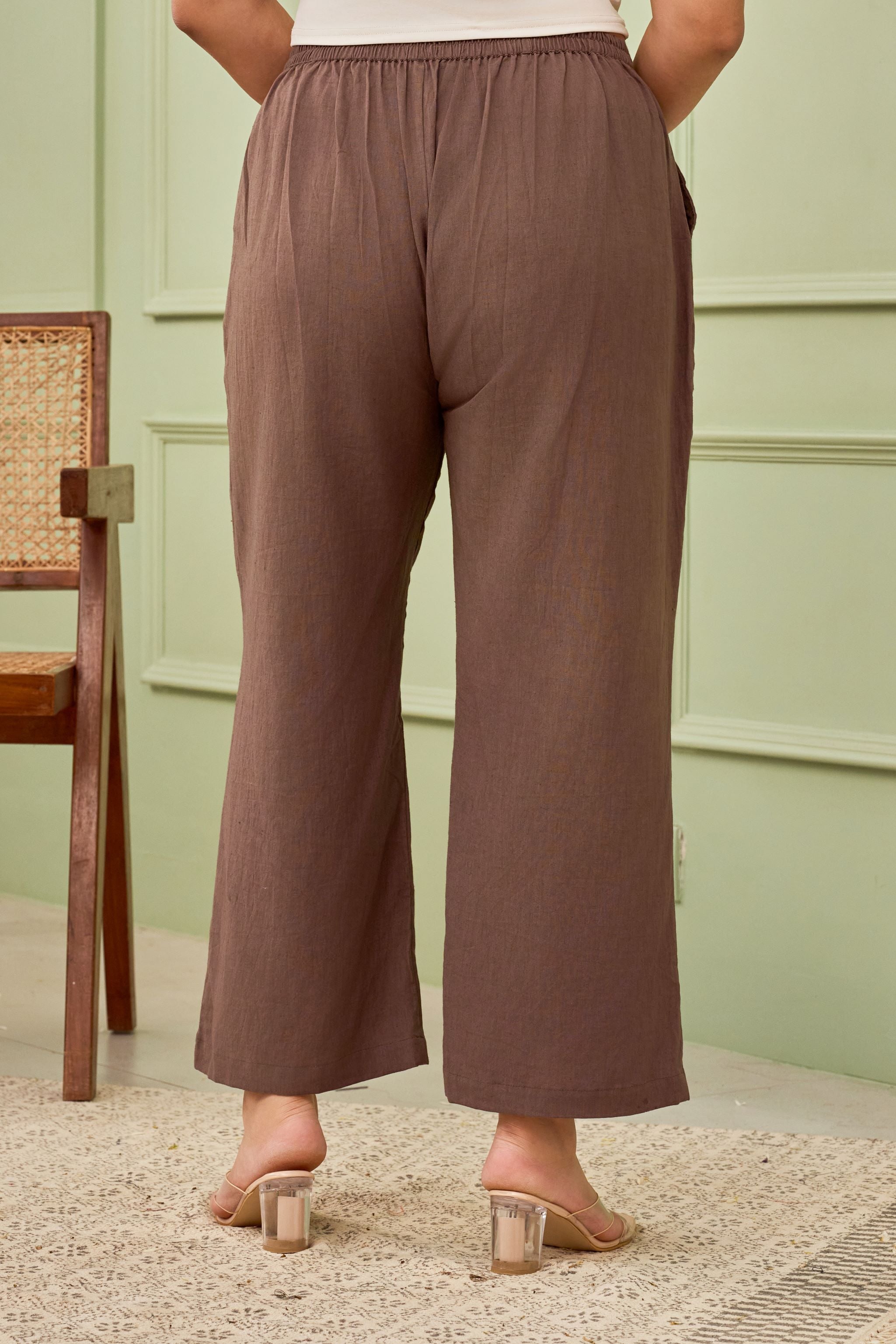 TAUPE LINEN MID-RISE RELAXED FIT PANTS