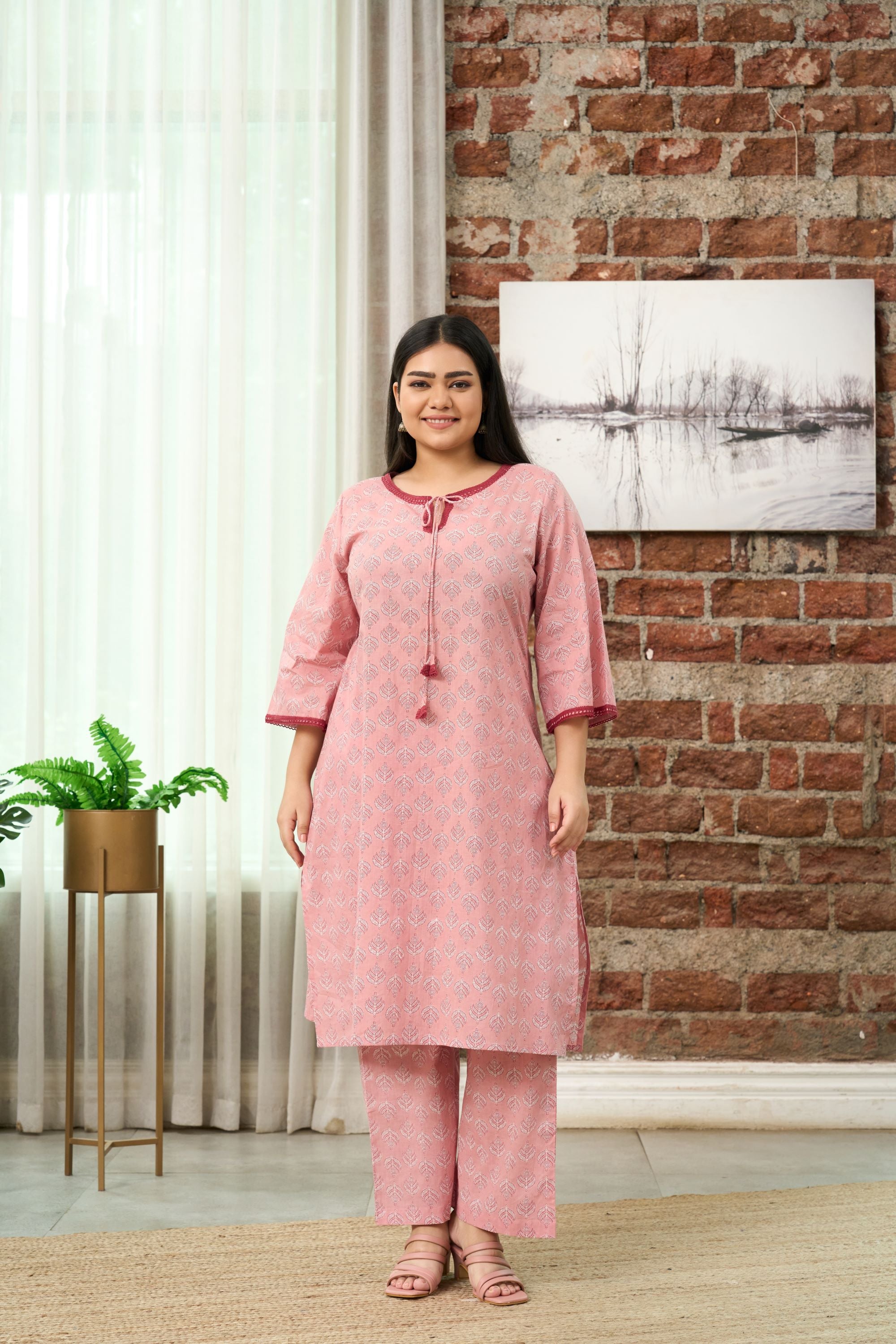 Dusty Rose Printed Kurta & Trousers Co-ord Set
