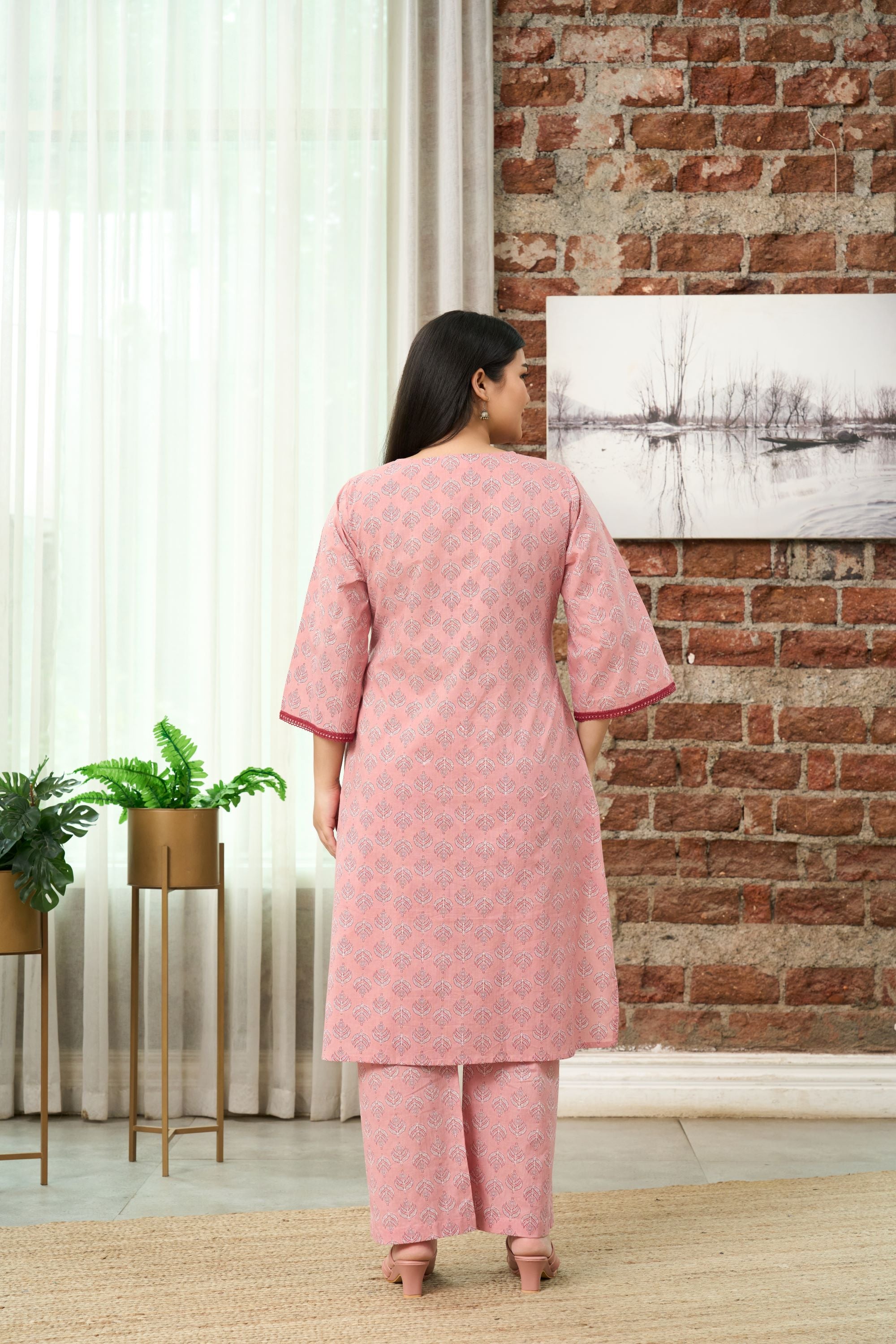 Dusty Rose Printed Kurta & Trousers Co-ord Set