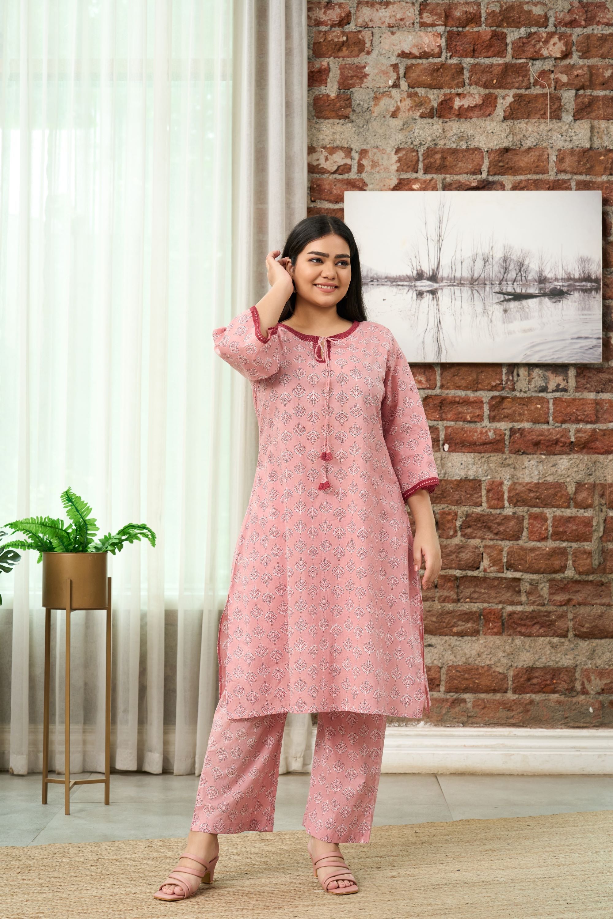 Dusty Rose Printed Kurta & Trousers Co-ord Set