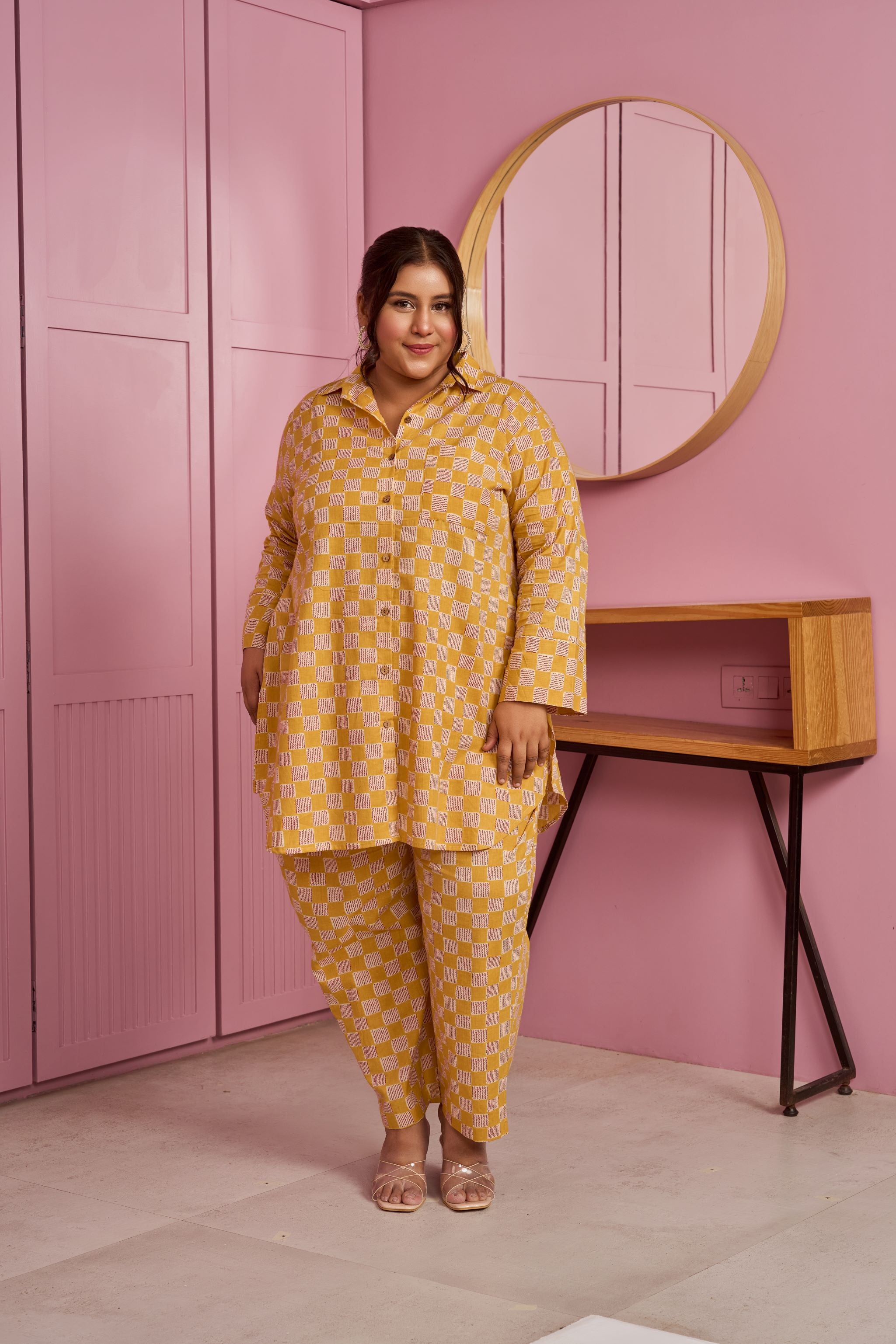 Yellow-White Checkered Print Co-ord Set