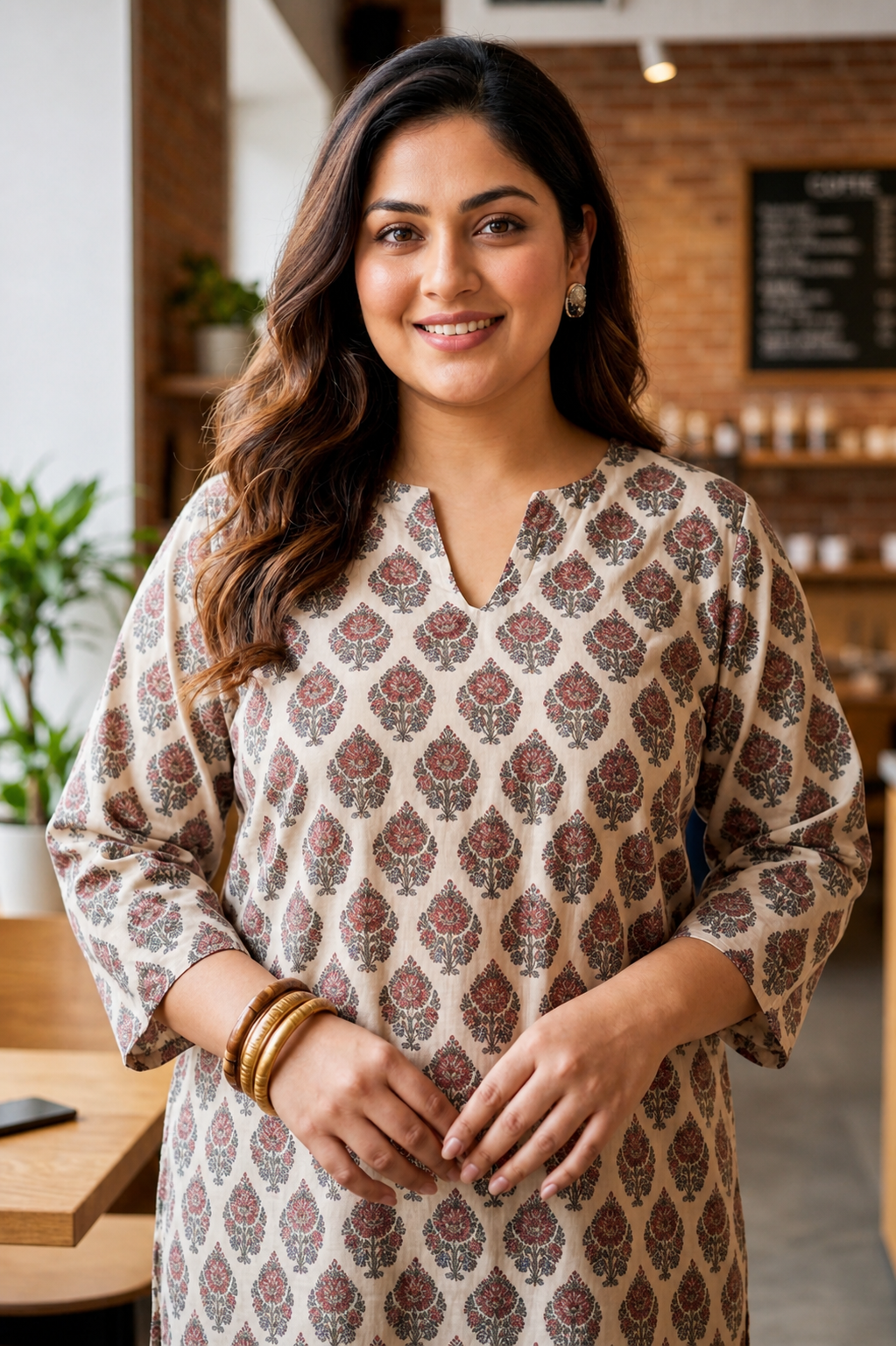 Off-White Floral Block Print Cotton Kurti Top