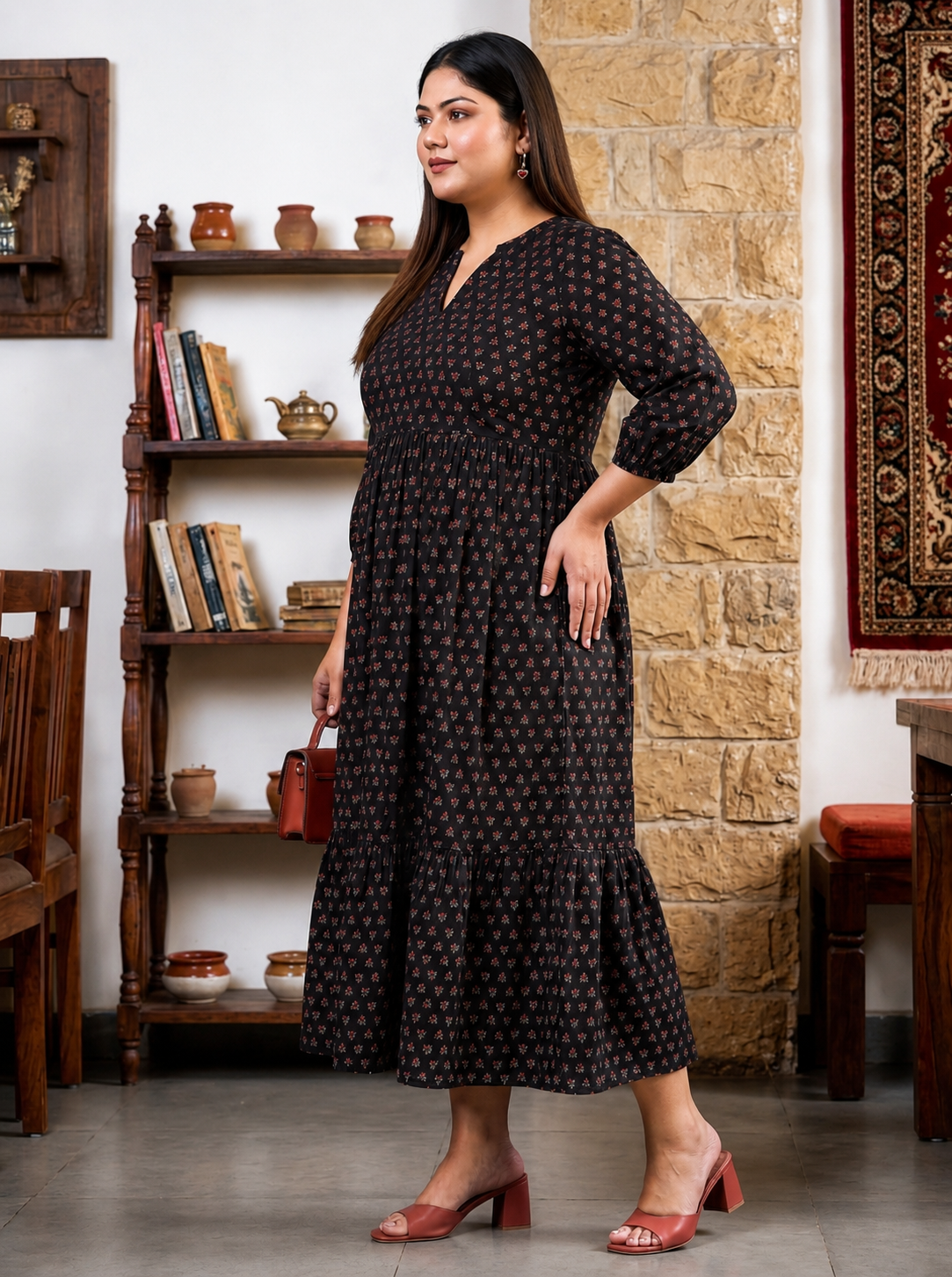 Black Floral Booti Print Cotton Cambric Maxi Dress