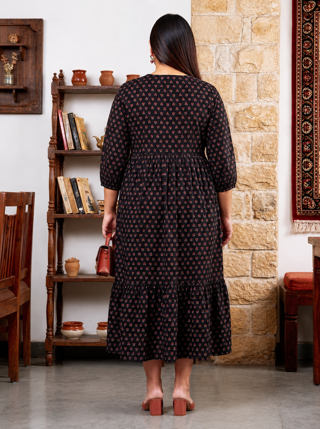 Black Floral Booti Print Cotton Cambric Maxi Dress