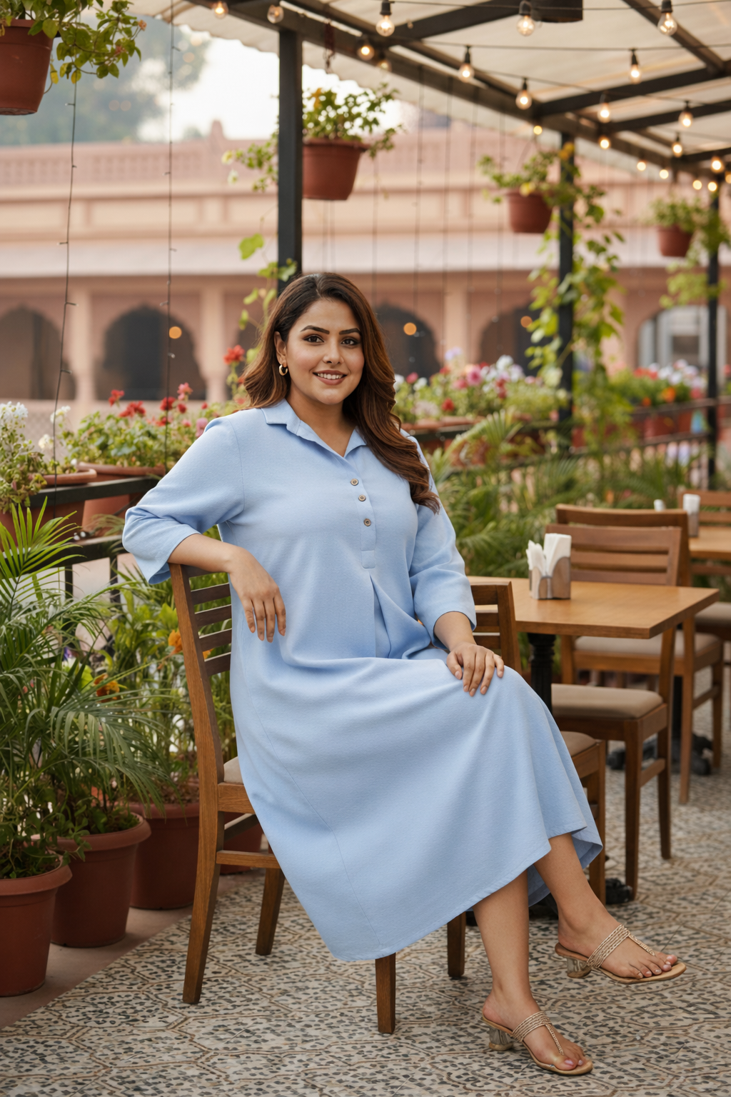 Baby Blue Mid-Length Linen Shirt Collar Dress