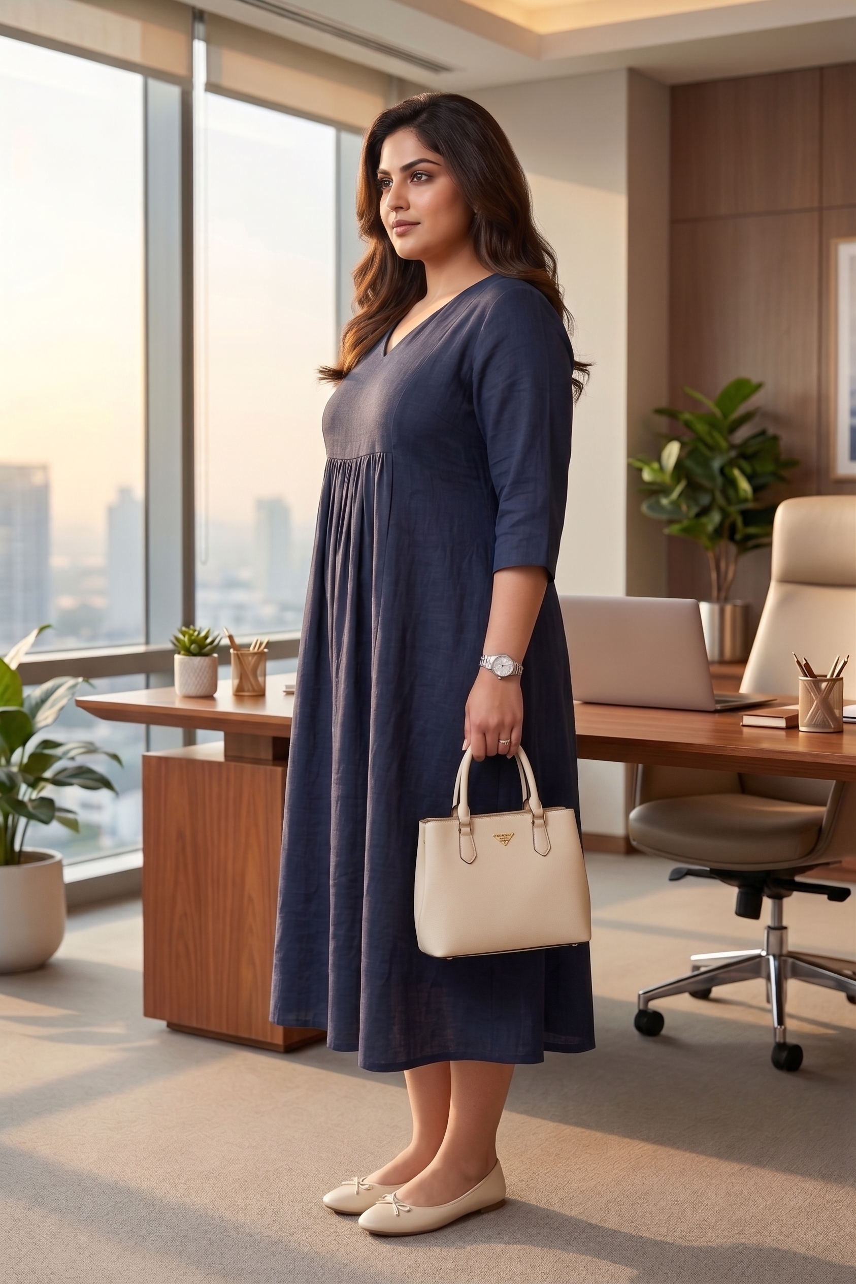Midnight Blue V-Neck Linen Midi Dress