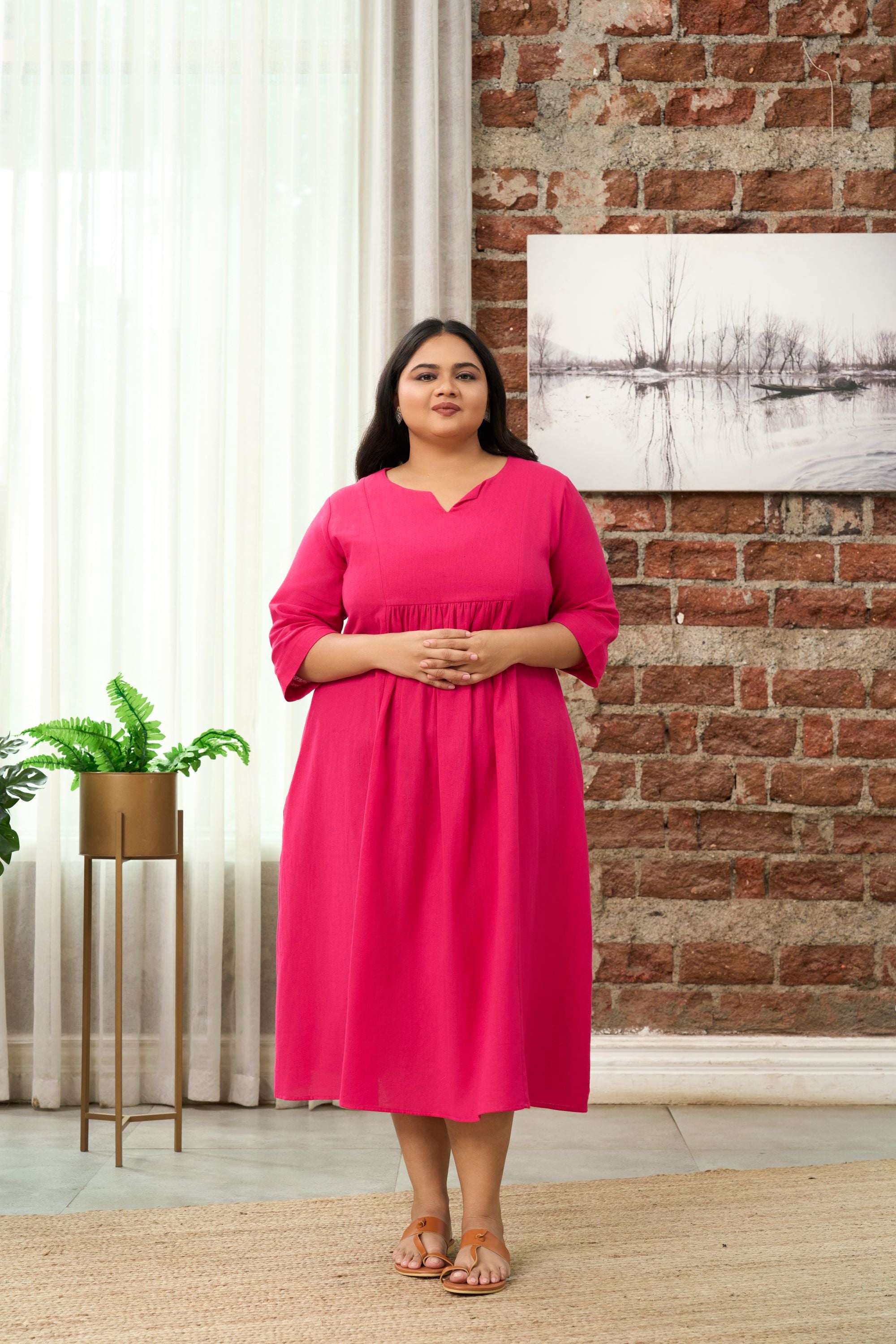 Fuchsia Pink V-Neck Linen Midi Dress with Gathered Waist