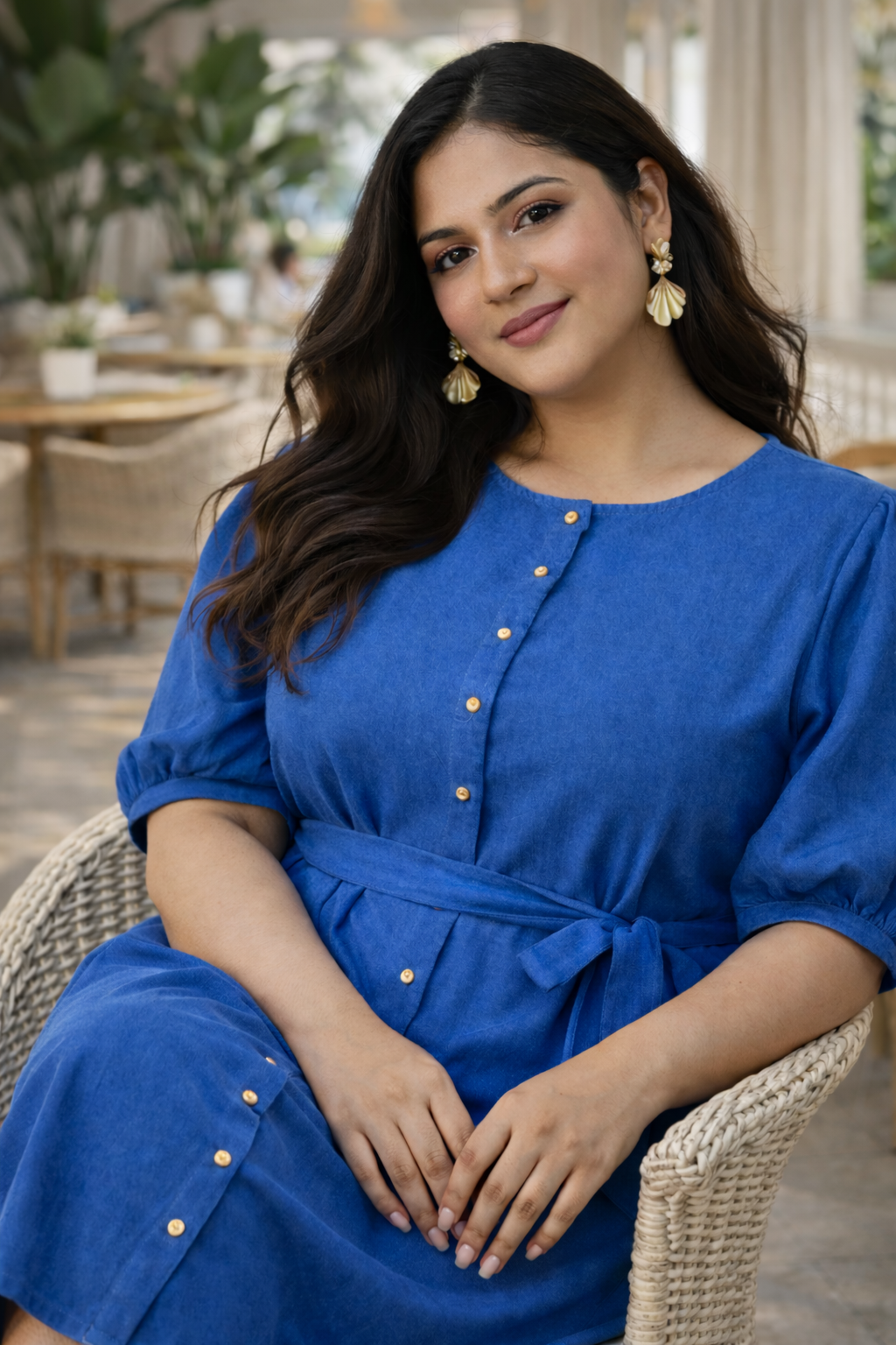 Cobalt Blue Button-Down Shirt Dress With Belt