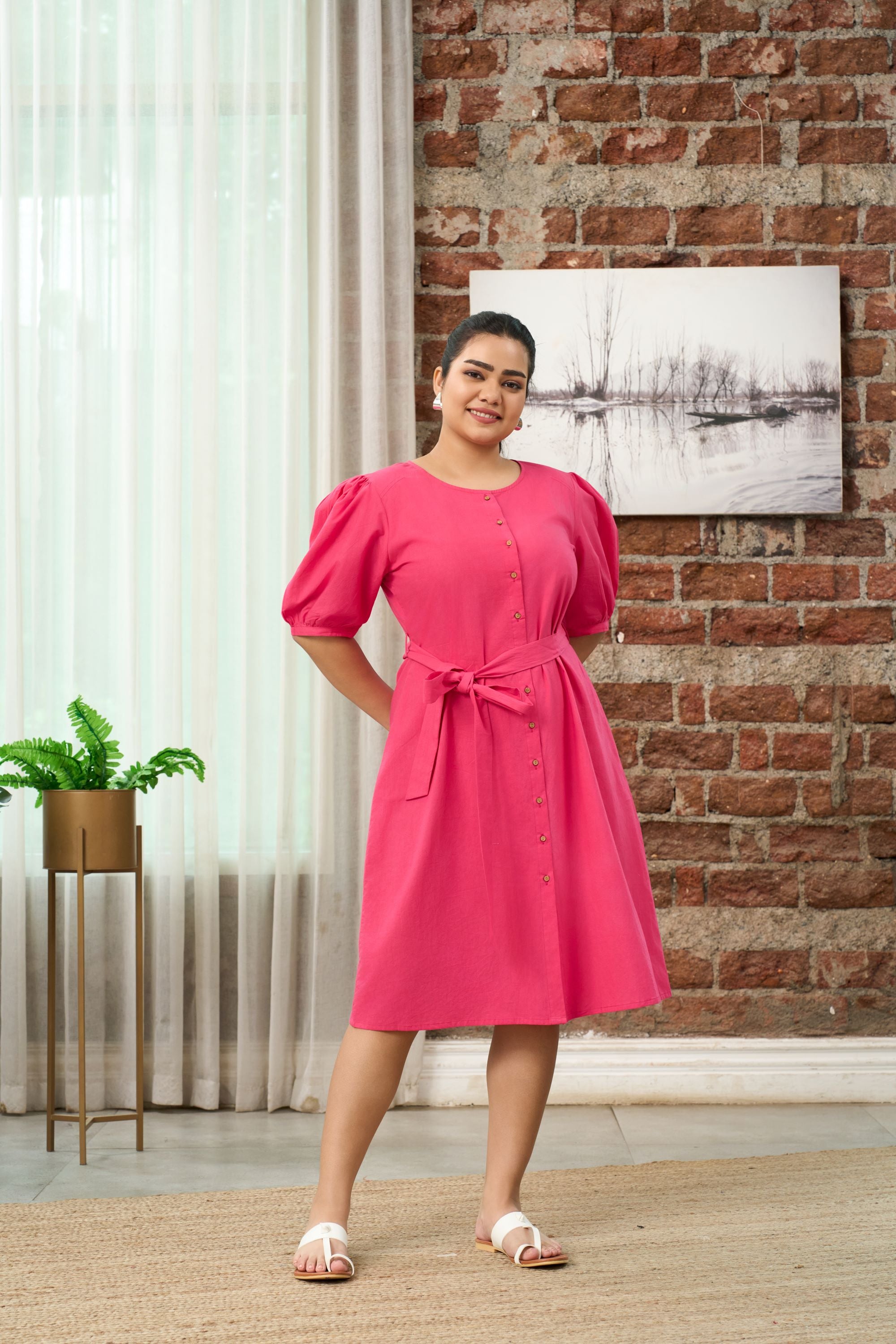 Fuschia Pink Button-Down Shirt Dress With Belt