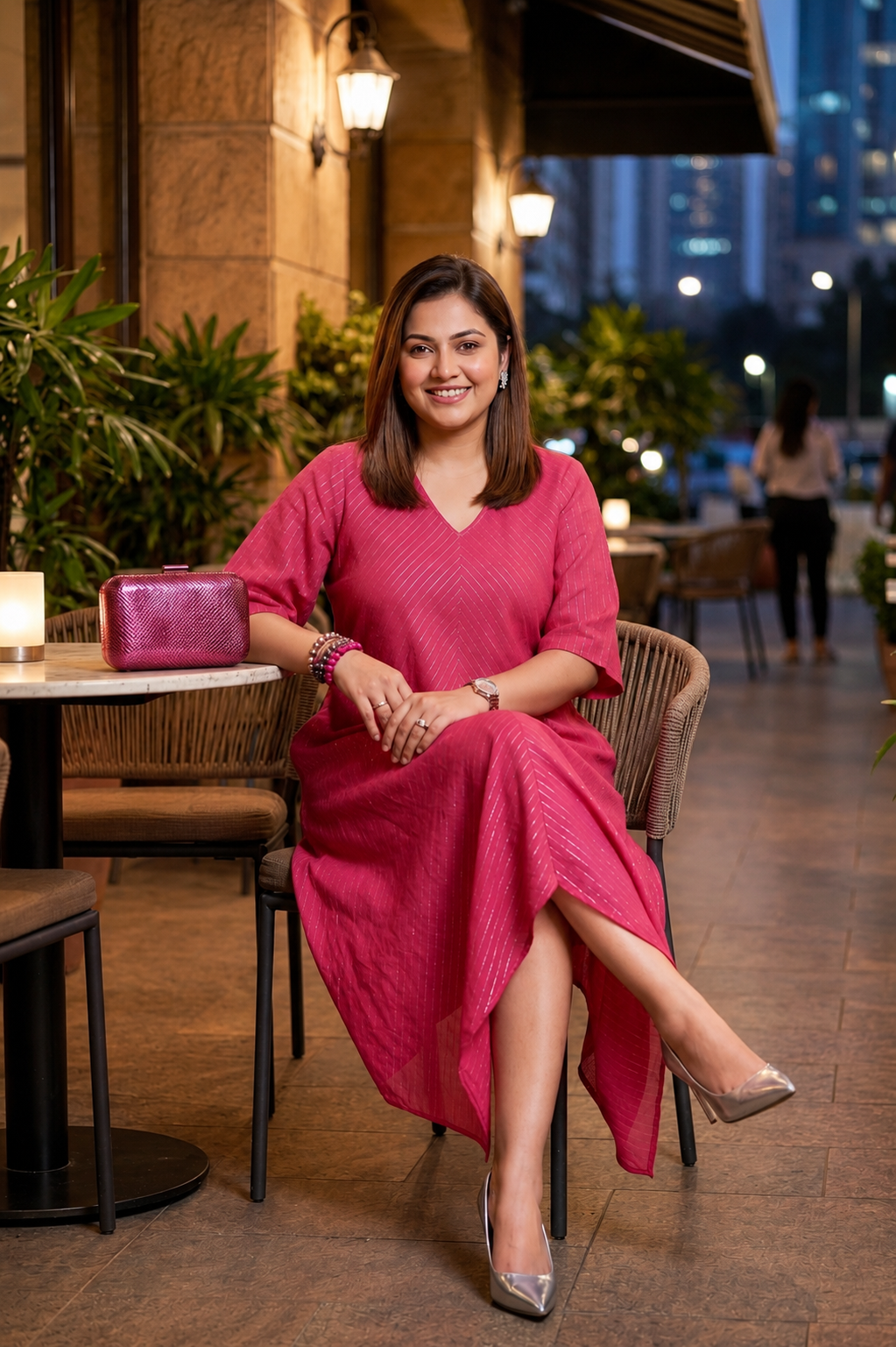 Hot Pink Lurex Cotton Kaftan Dress