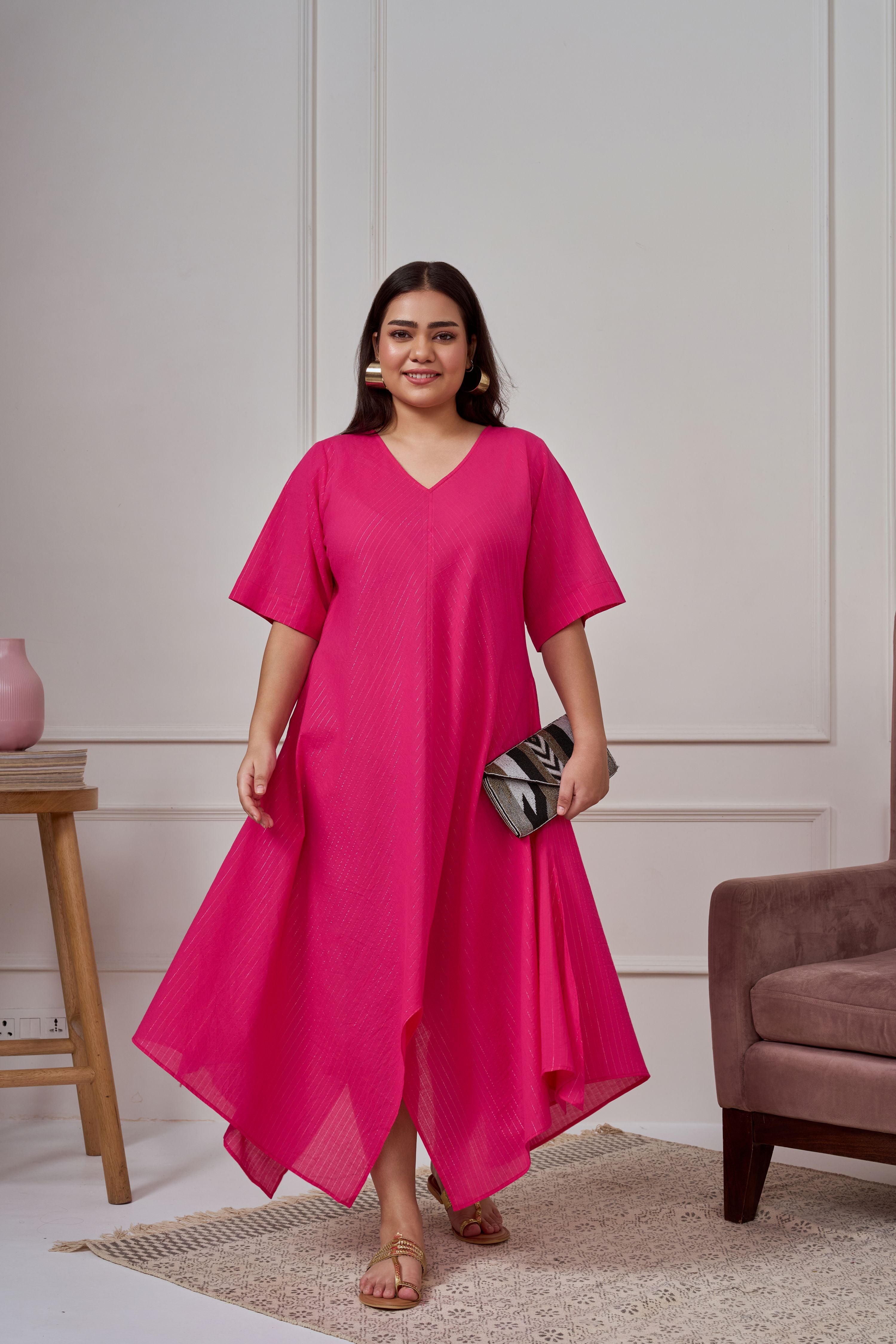 Pink Lurex Dress Handkerchief Hem With Slip