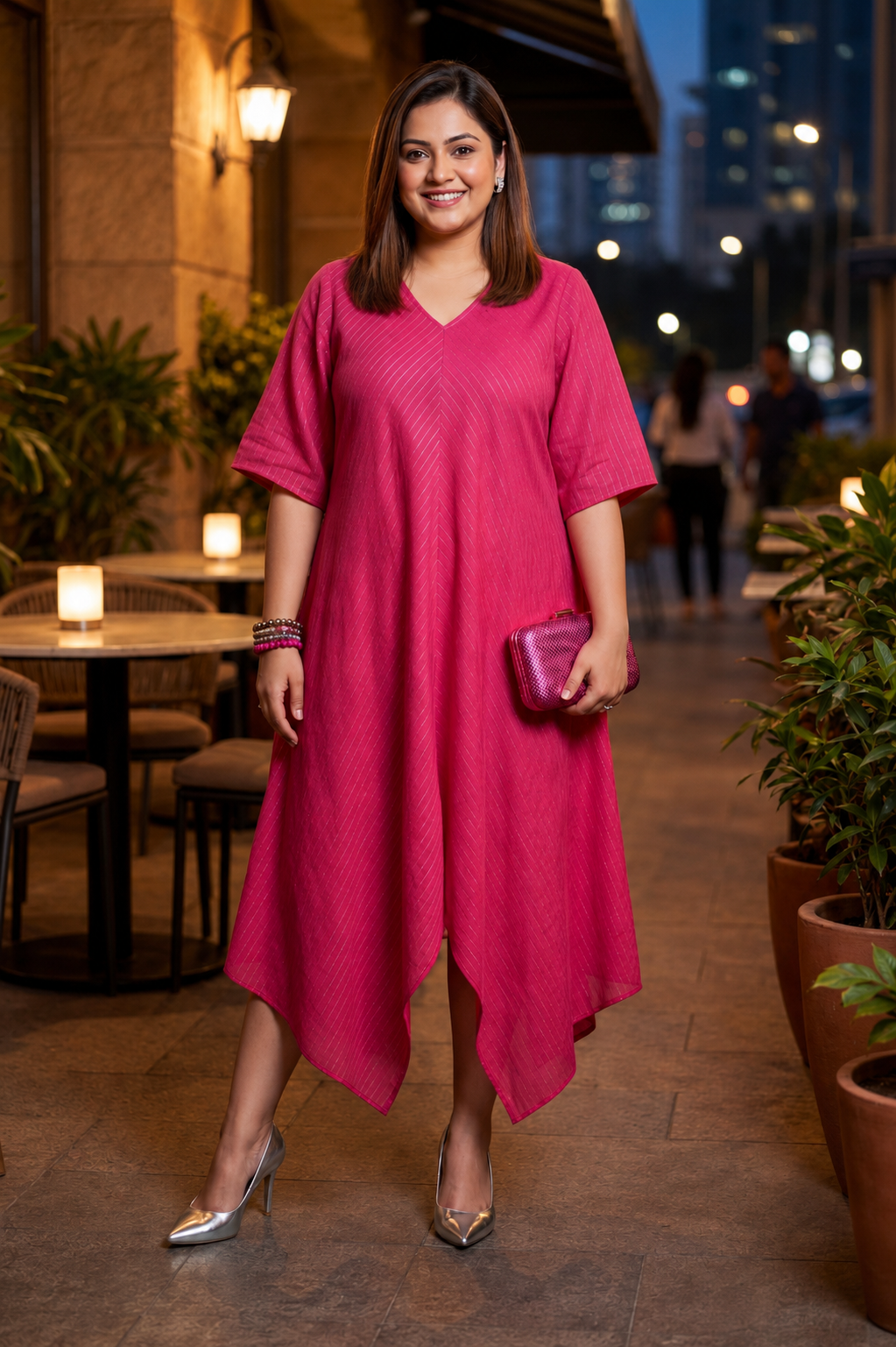 Hot Pink Lurex Cotton Kaftan Dress