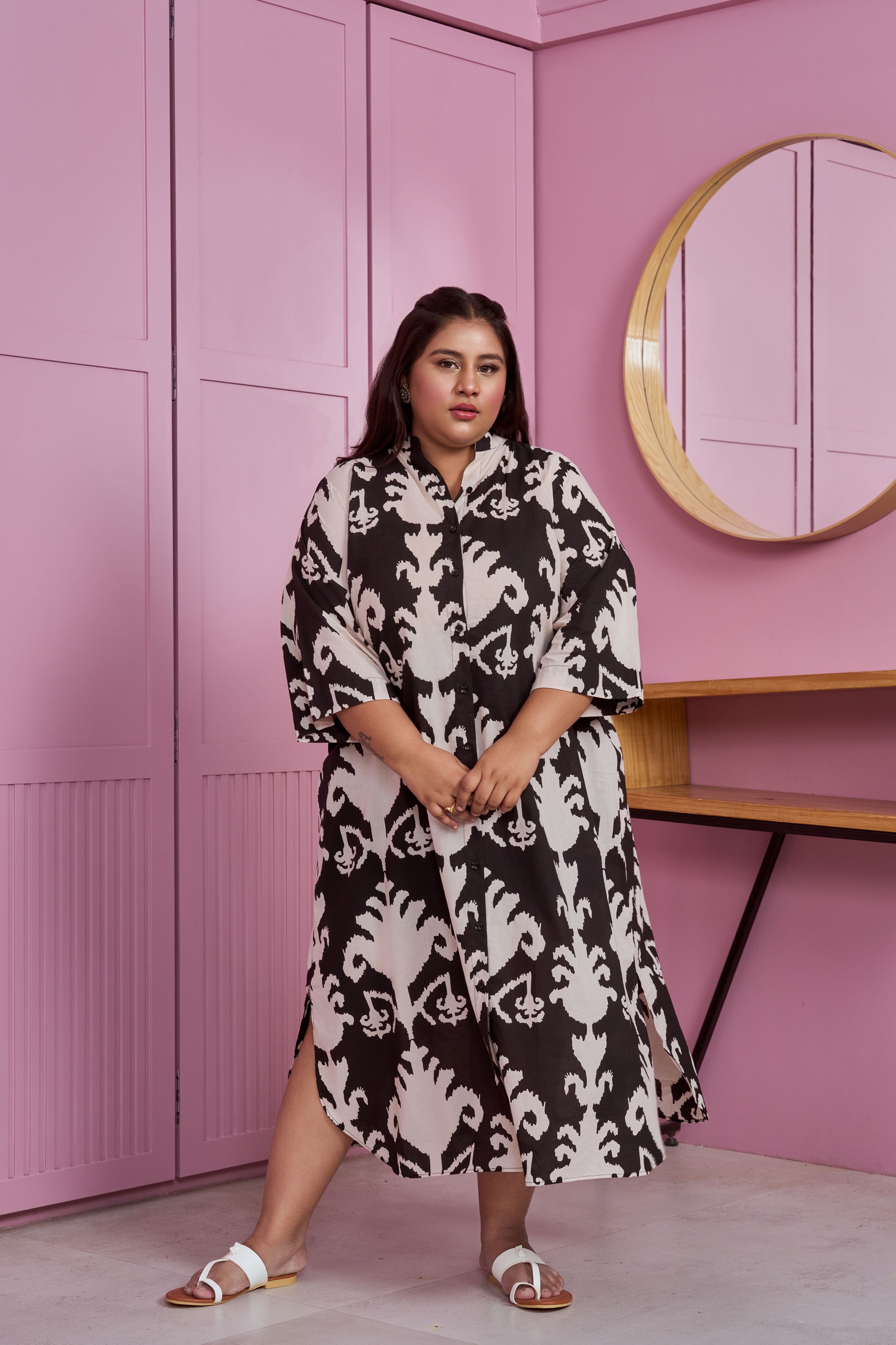 Black and White Button-Down Printed Maxi Dress