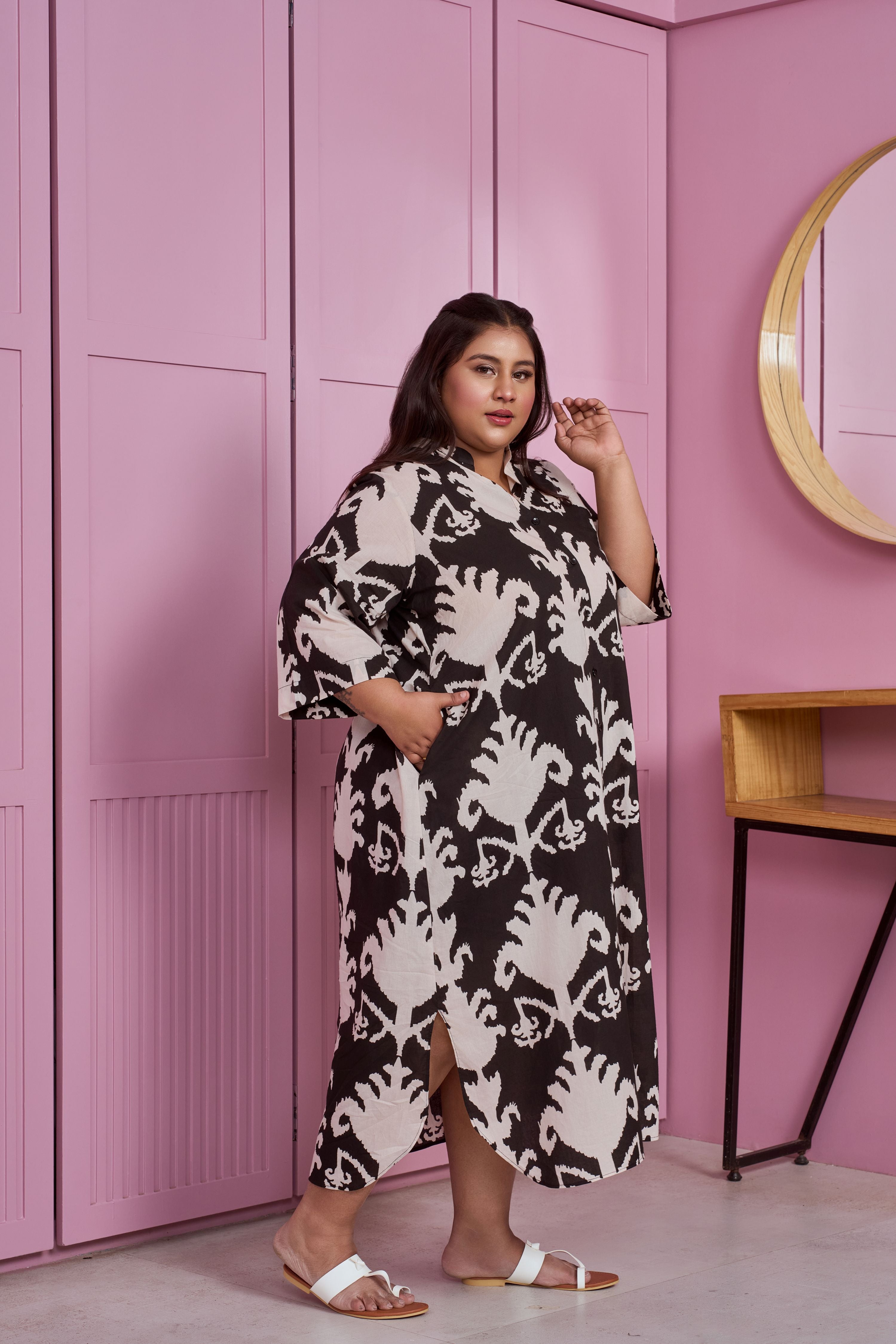 Black and White Button-Down Printed Maxi Dress