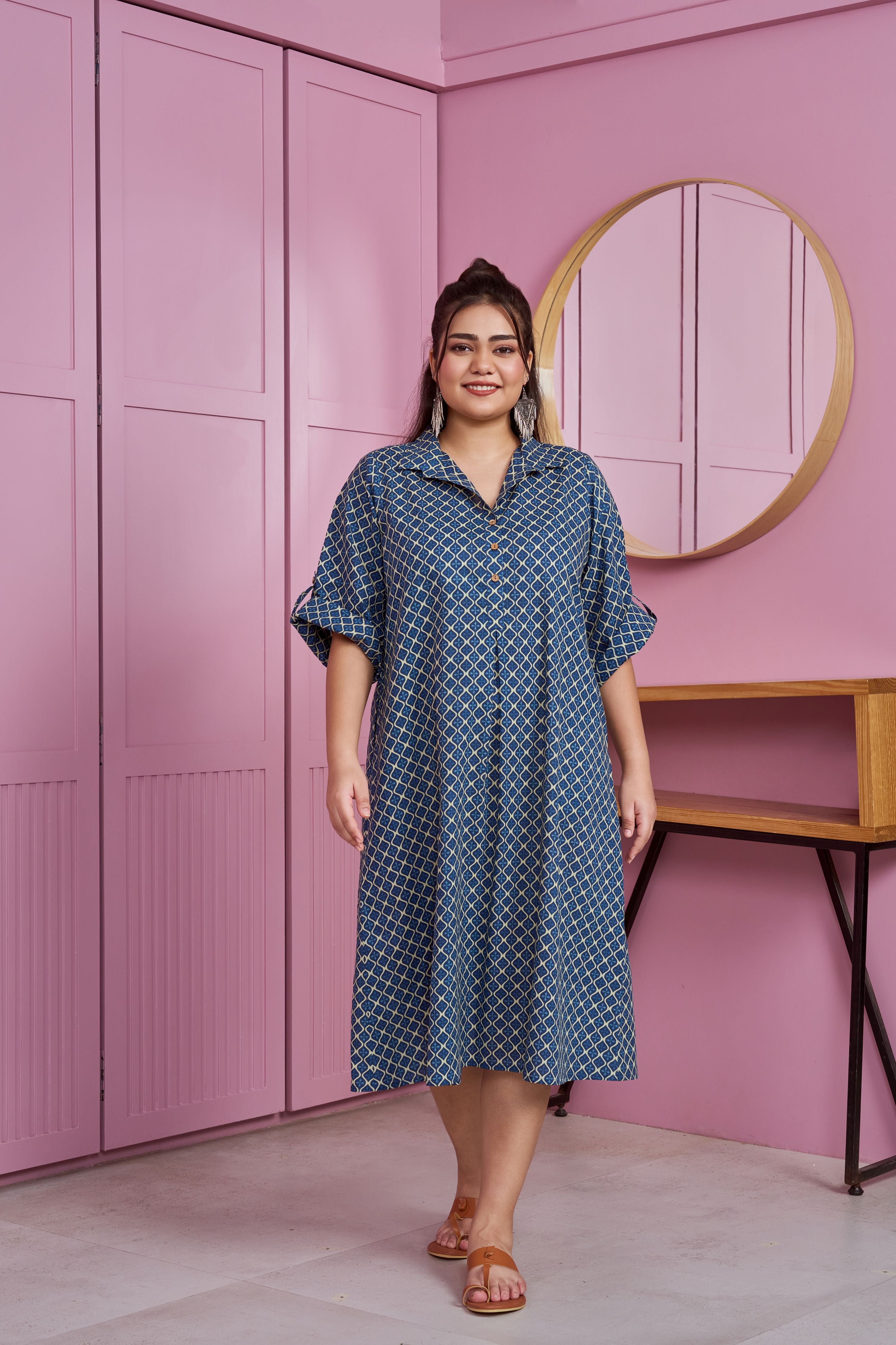 Dark Blue Printed Cotton Shirt Dress