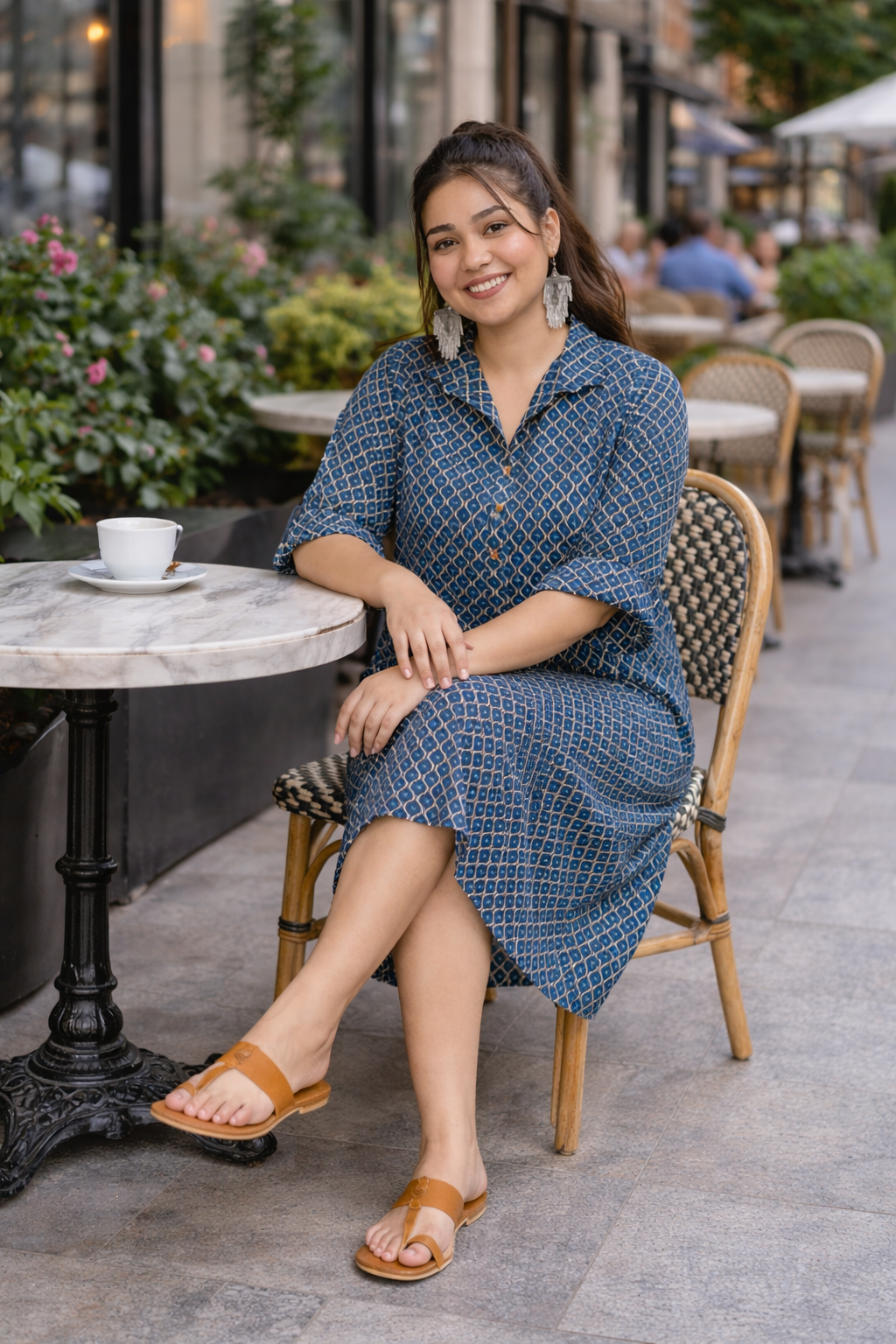 Dark Blue Printed Cotton Shirt Dress