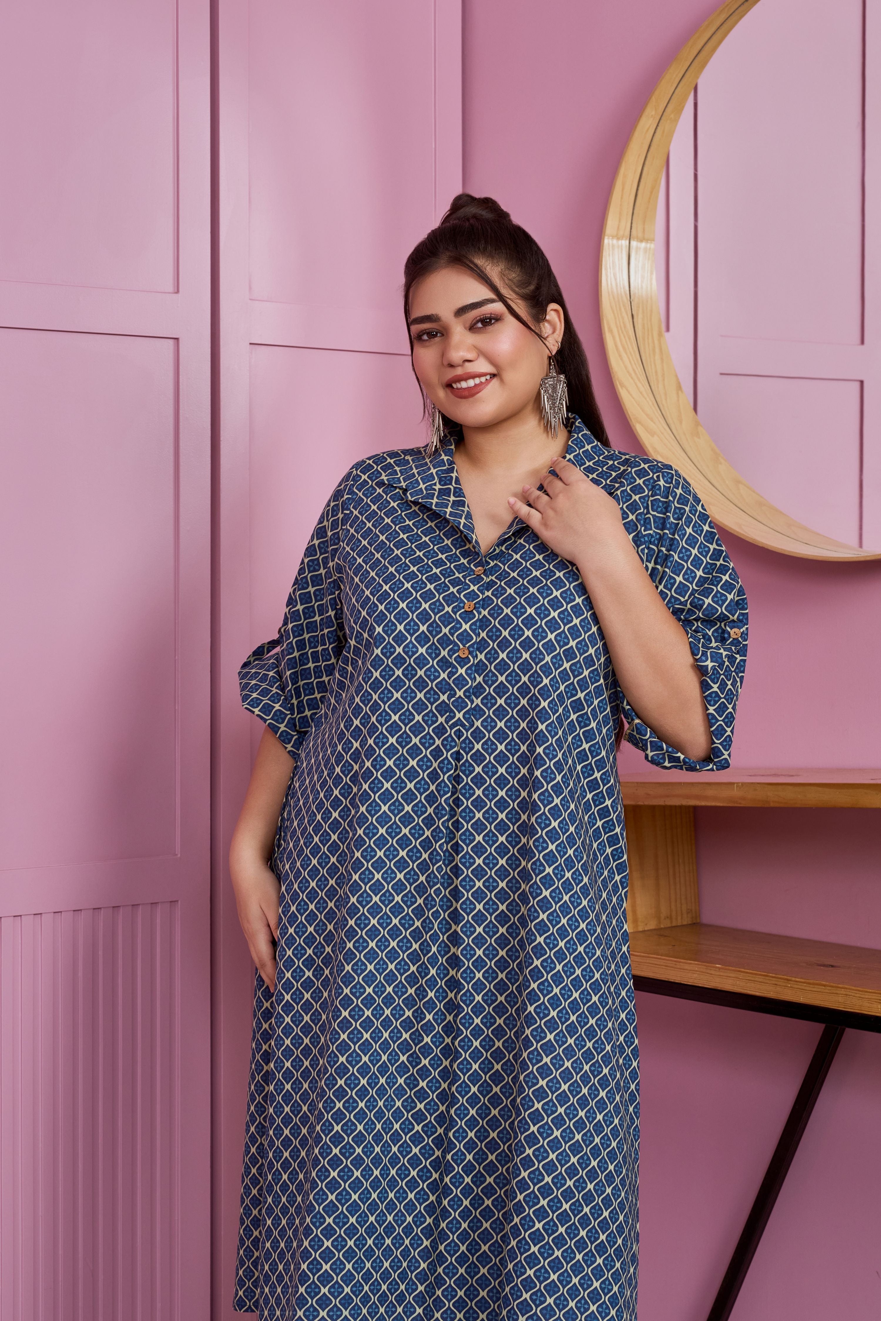 Dark Blue Printed Cotton Shirt Dress