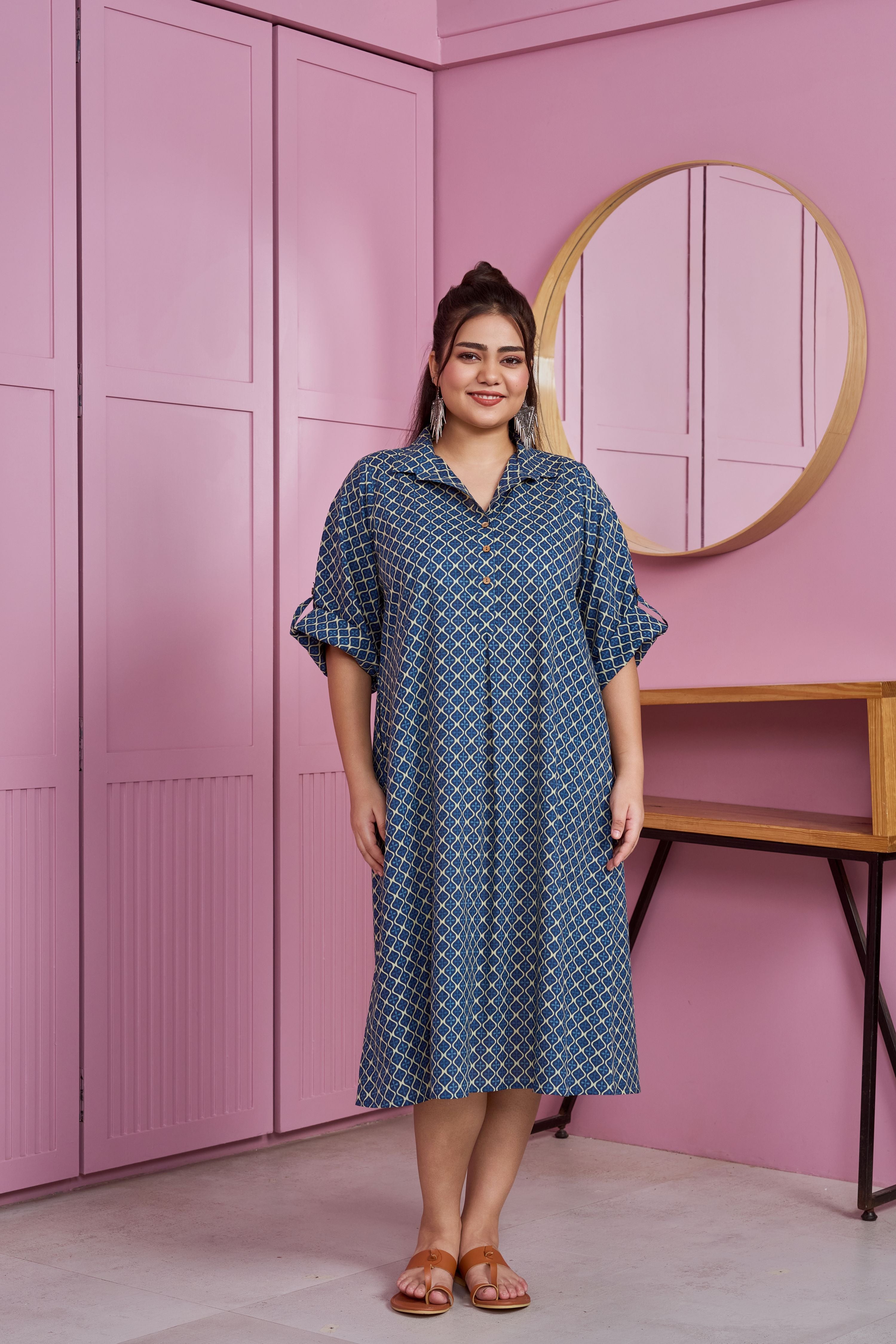 Dark Blue Printed Cotton Shirt Dress