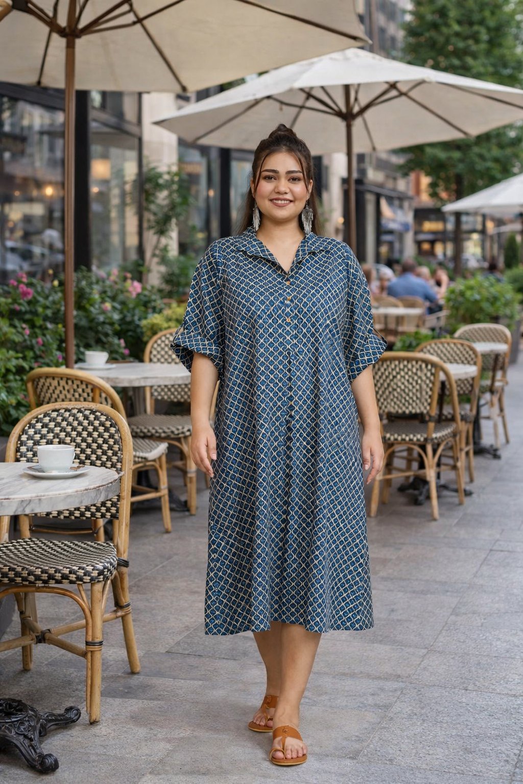Dark Blue Printed Cotton Shirt Dress