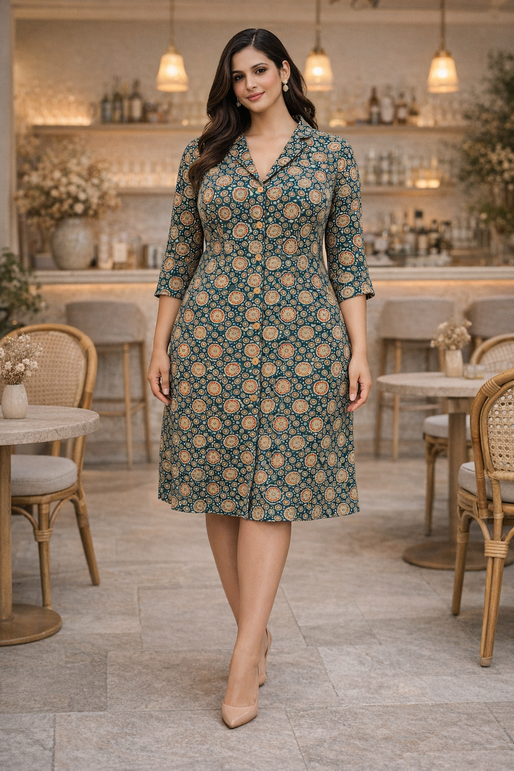 Teal Blue Ajrakh Print Kantha Cotton Short Shirt Dress