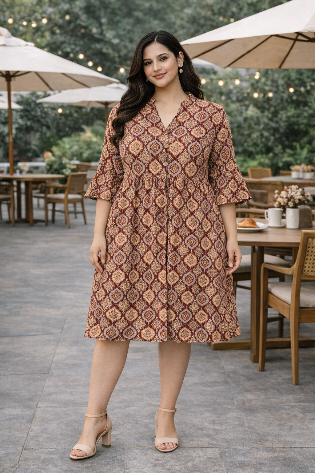 Brown and Maroon Ajrakh Print Kantha Cotton Pleated Short Dress